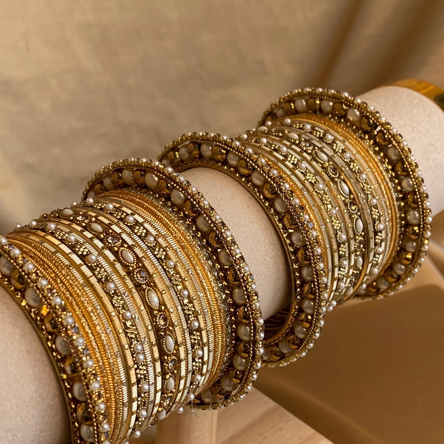 2.4 Bangles in Antique Gold Midi Set with Golden Rhinestone Pearl High Edge Statement End Bangle. Bollywood Bracelet Indian Style