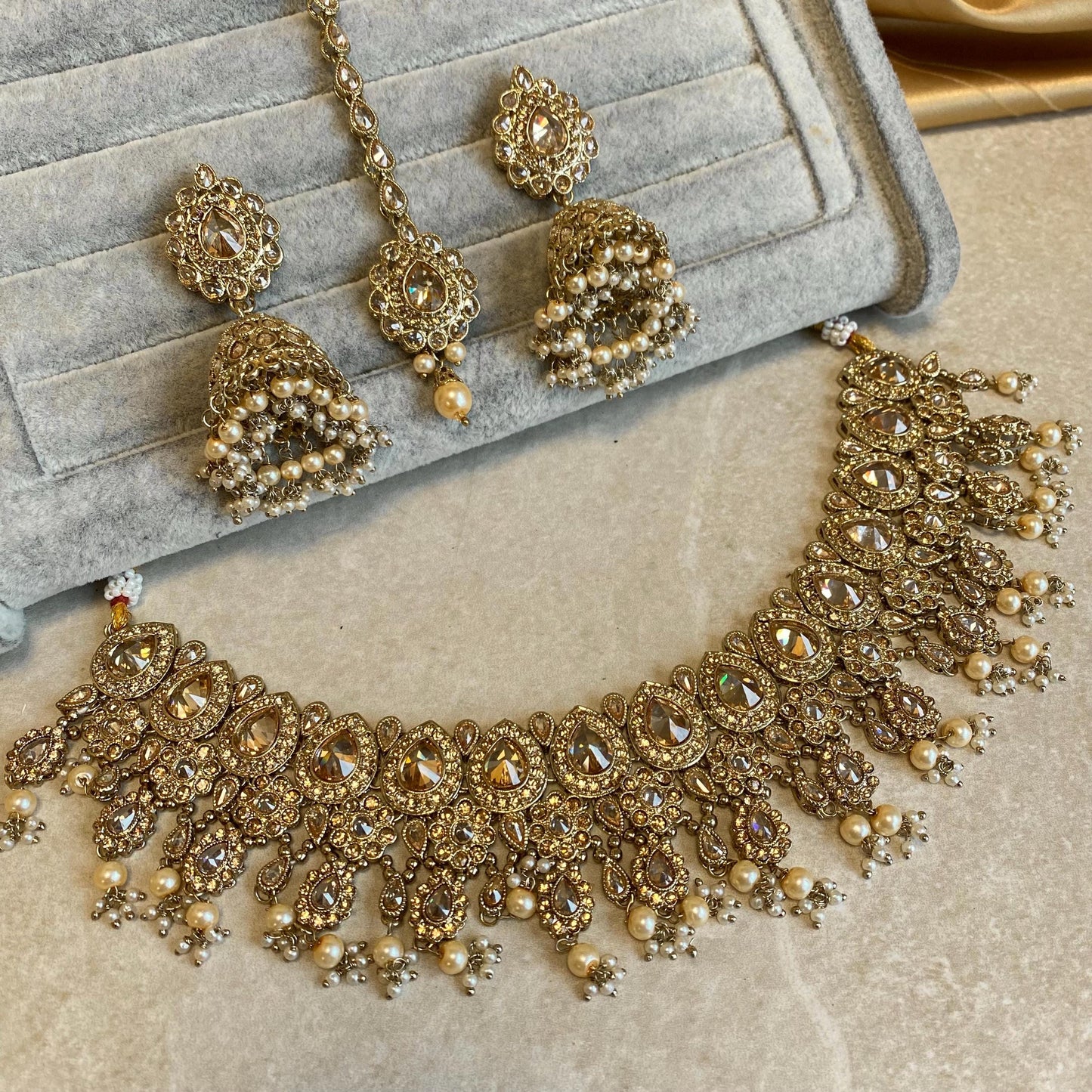 Antique Gold Golden Rhinestone and Zircon Crystal Necklace set Jhumka Earring Small Jhumka Inidan Pakistani Bollywood Wedding Eid Jewellery