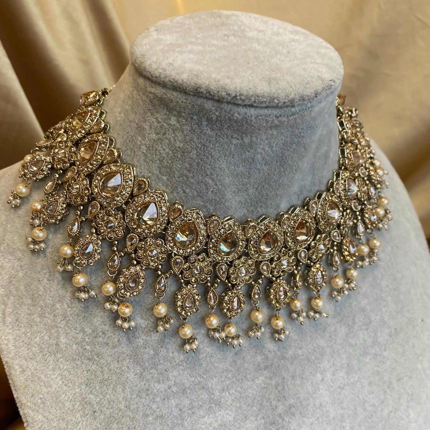 Antique Gold Golden Rhinestone and Zircon Crystal Necklace set Jhumka Earring Small Jhumka Inidan Pakistani Bollywood Wedding Eid Jewellery