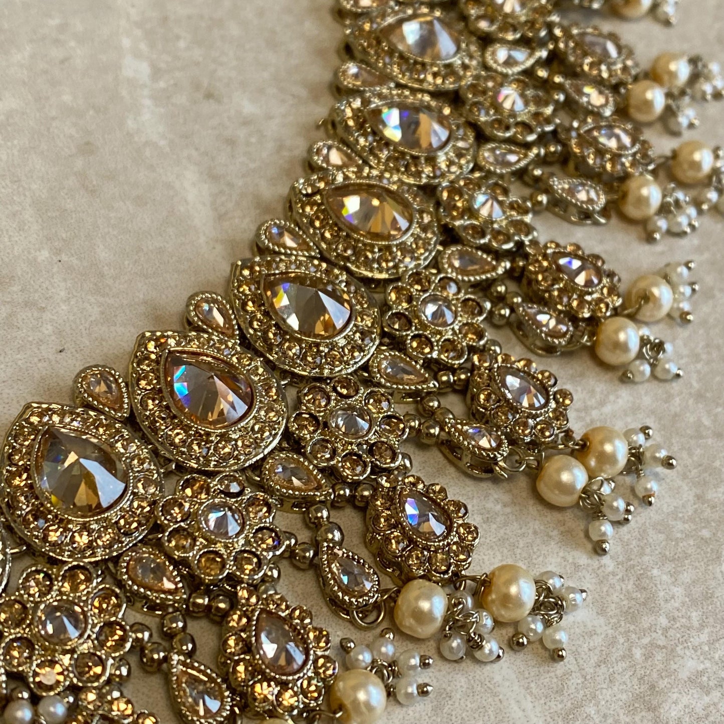 Antique Gold Golden Rhinestone and Zircon Crystal Necklace set Jhumka Earring Small Jhumka Inidan Pakistani Bollywood Wedding Eid Jewellery
