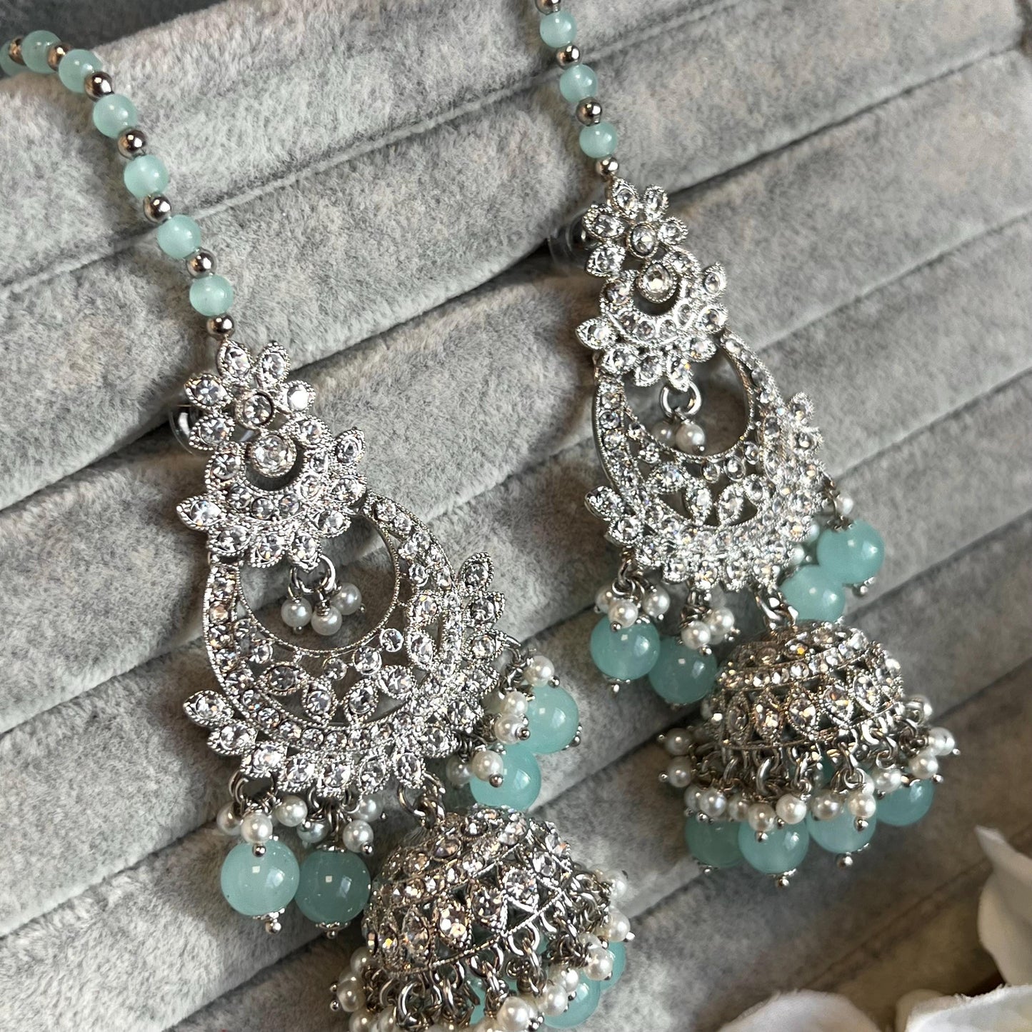 Blue Silver Bridal Set - Indian Pakistani Traditional Style With Jhumka earring,Tikka Wedding Fashion Jewellery Necklace set 3 Piece