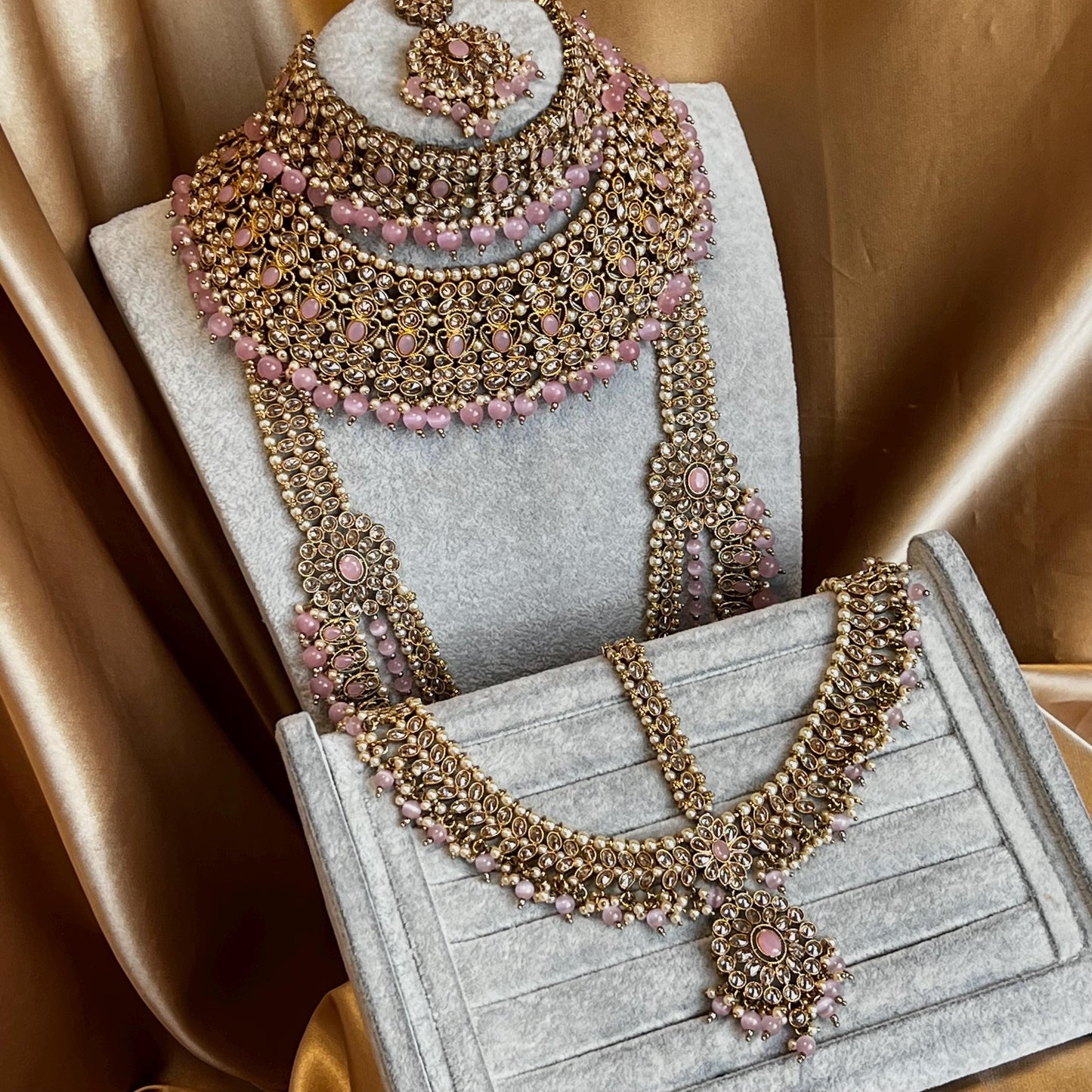 Pink Gold Full 10 Piece Bridal Necklace Choker Mala Earring Tikka Jhumar Mathapatti Set Traditional Indian Pakistani Style Wedding Jewellery