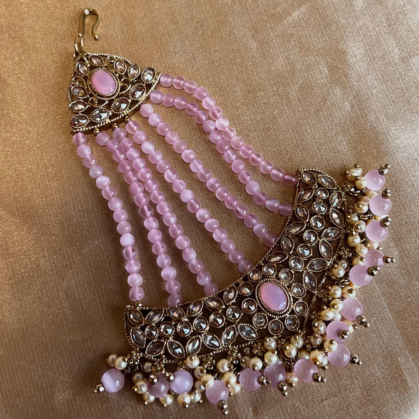 Pink Gold Full 10 Piece Bridal Necklace Choker Mala Earring Tikka Jhumar Mathapatti Set Traditional Indian Pakistani Style Wedding Jewellery