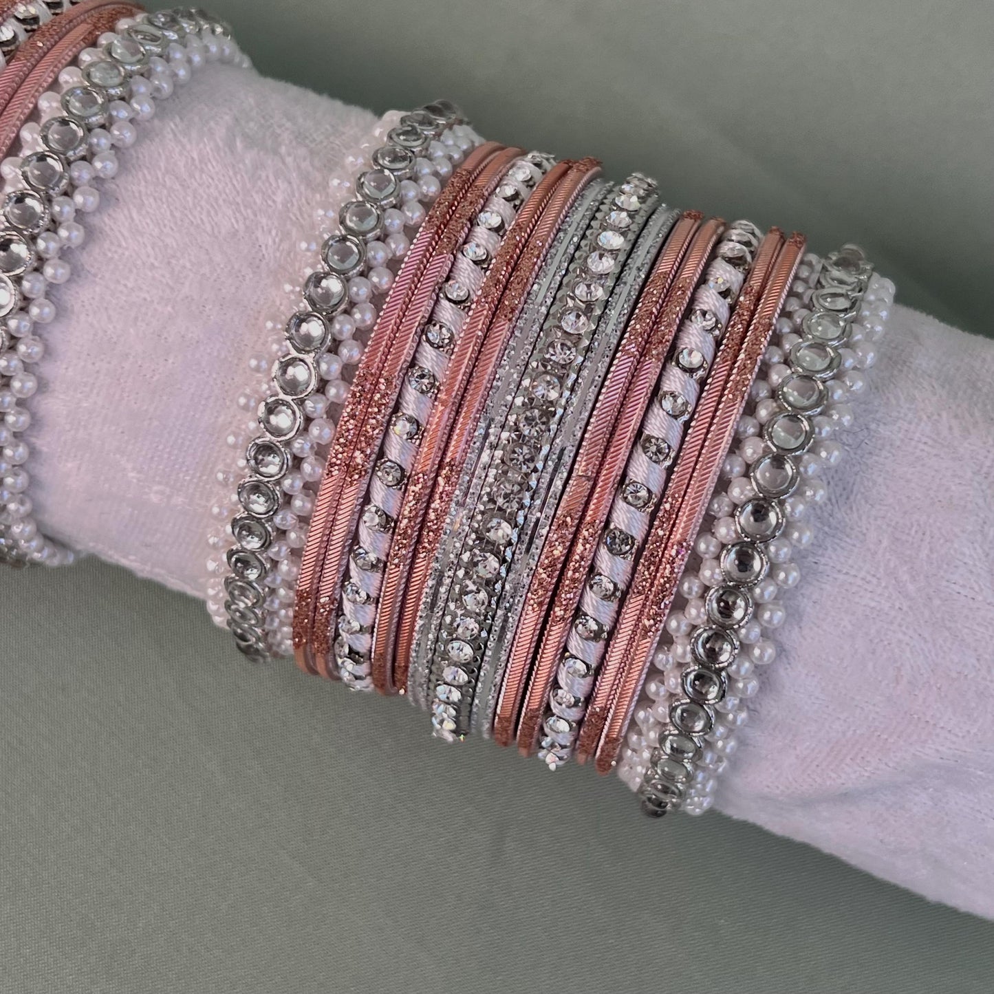 Small Silver & Pink Pearly Bangle Set - Both Arms/Pink Bangle Set/ Silver Bangle Set/ Pearly Bangle Set/Valentines Collection