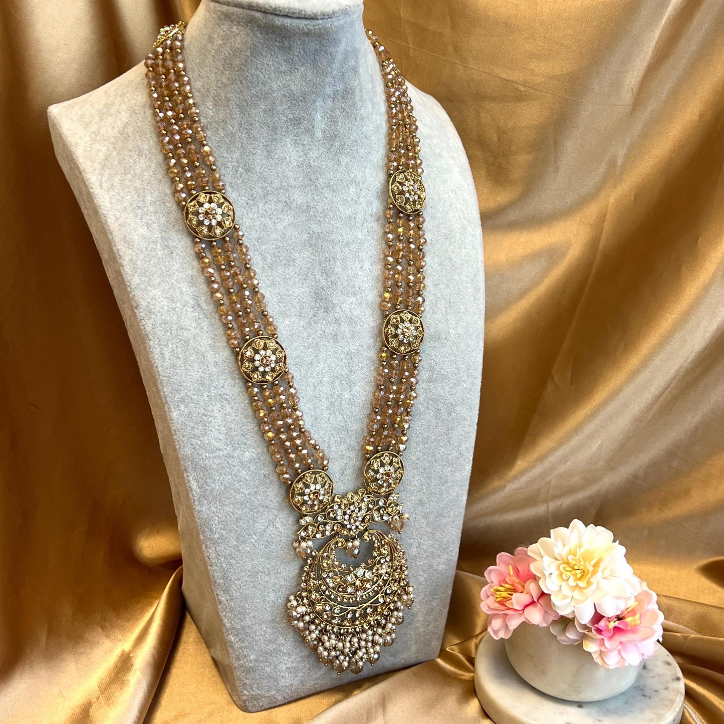Champagne Long Necklace Mala Haar Heavy High Quality Golden Rhinestone Adjustable Indian Pakistani Bollywood Wedding Fashion Desi Jewellery