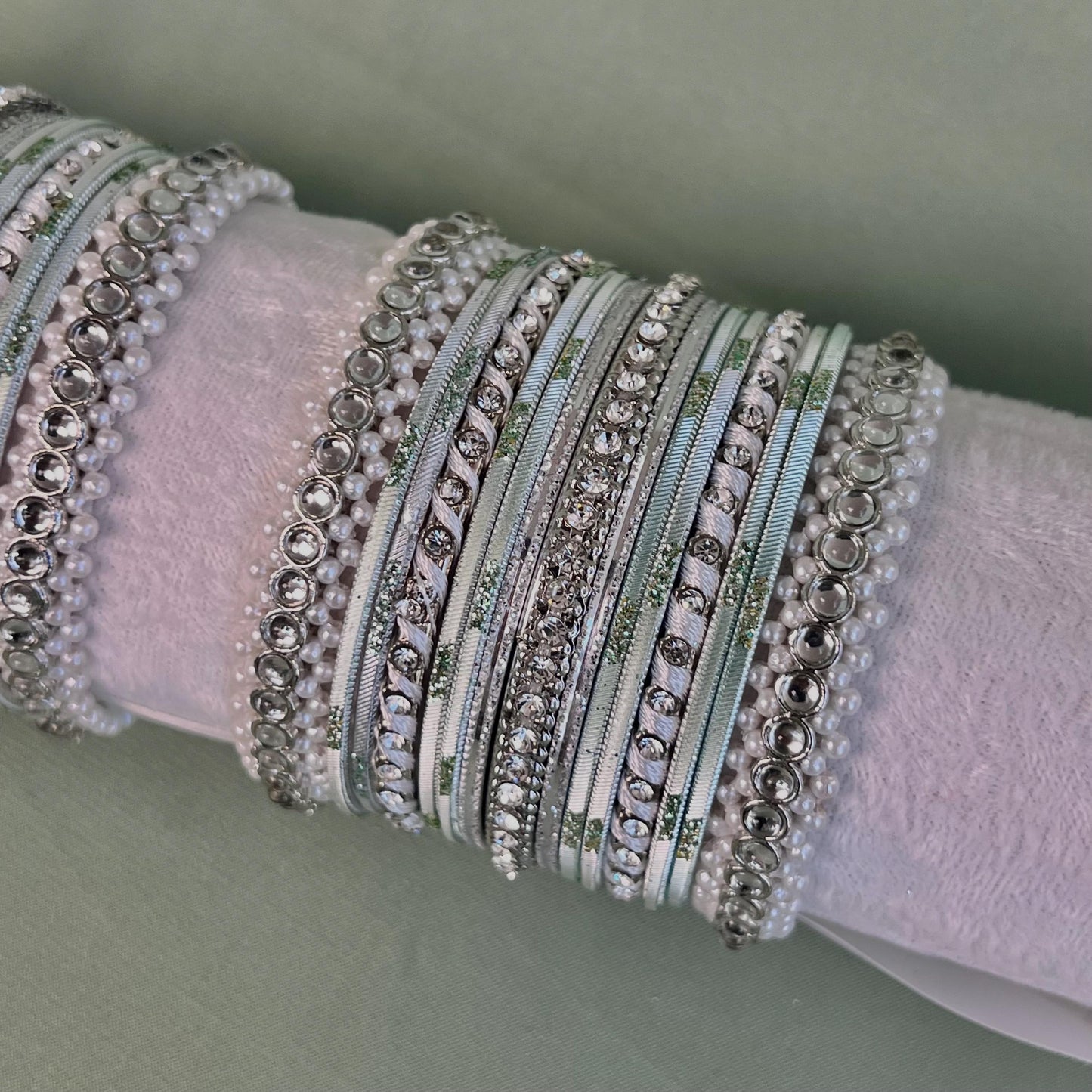 Small Silver & Mint Pearly Bangle Set - Both Arms/Pink Bangle Set/ Silver Bangle Set/ Pearly Bangle Set/ Faux Kundan Bangle Set