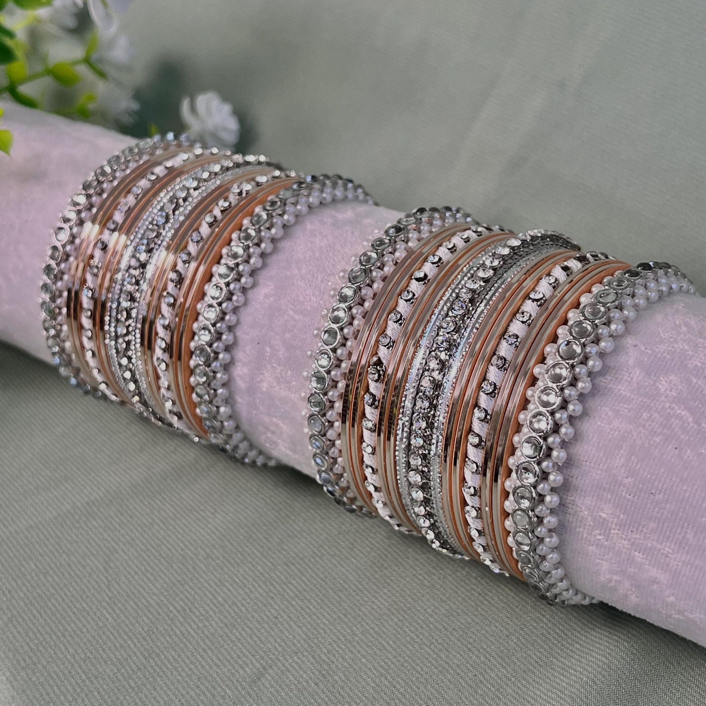 Small Silver & Peach Pearly Bangle Set - Both Arms/Pink Bangle Set/ Silver Bangle Set/ Pearly Bangle Set/ Faux Kundan Bangle Set