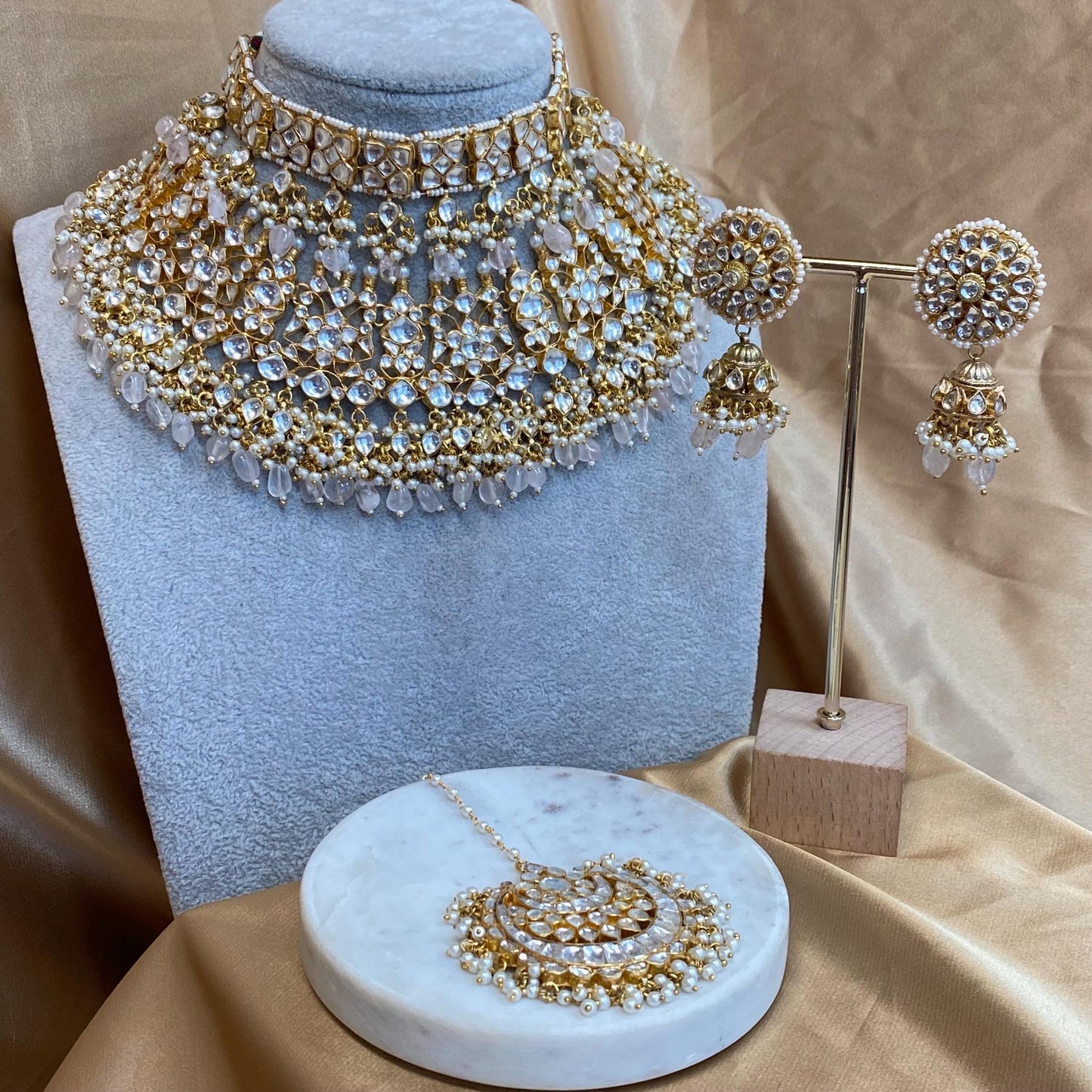 Pink Quatz Gold Plated Kundan! Choker Necklace Jhumka Earring Large Tikka High Quality Clear Set Indian Pakistani Luxury Bridal Set 4 piece