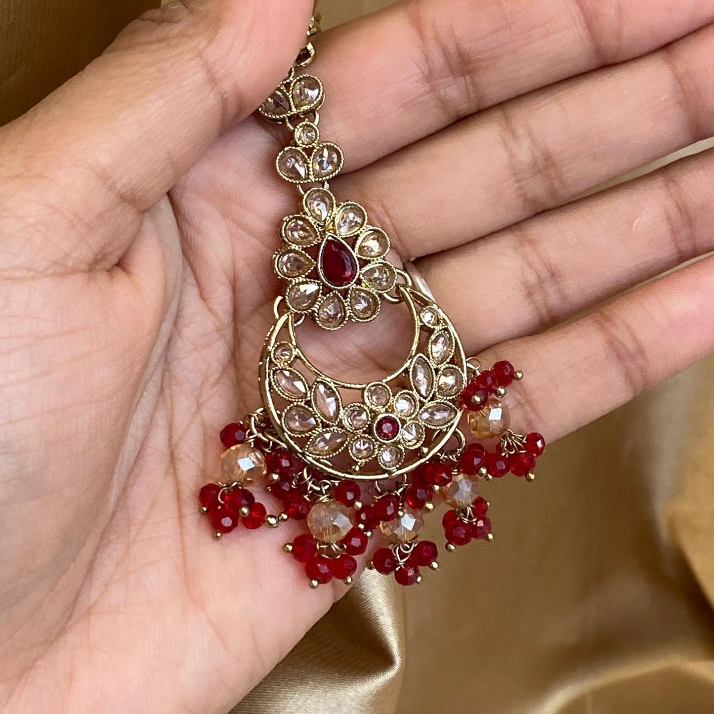 Red Antique Gold Champagne Tikka Hair Accessory Tikli Bridal Wedding Jewellery Indian Pakistani Bollywood SALE