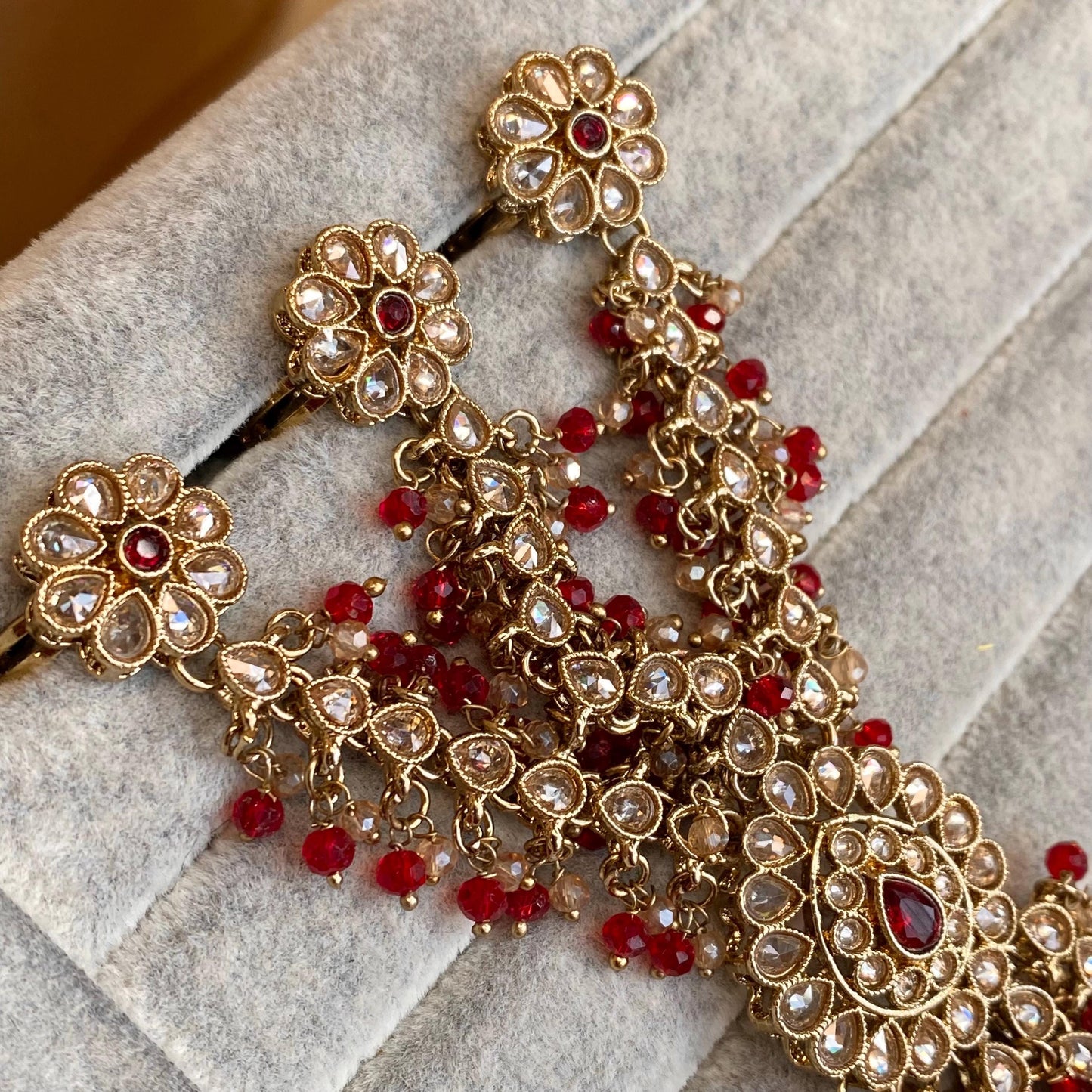 Red Antique Gold Champagne 3 Finger Hand Harness Adjustable Haath Phool Bridal Wedding Jewellery Indian Pakistani Bollywood SALE