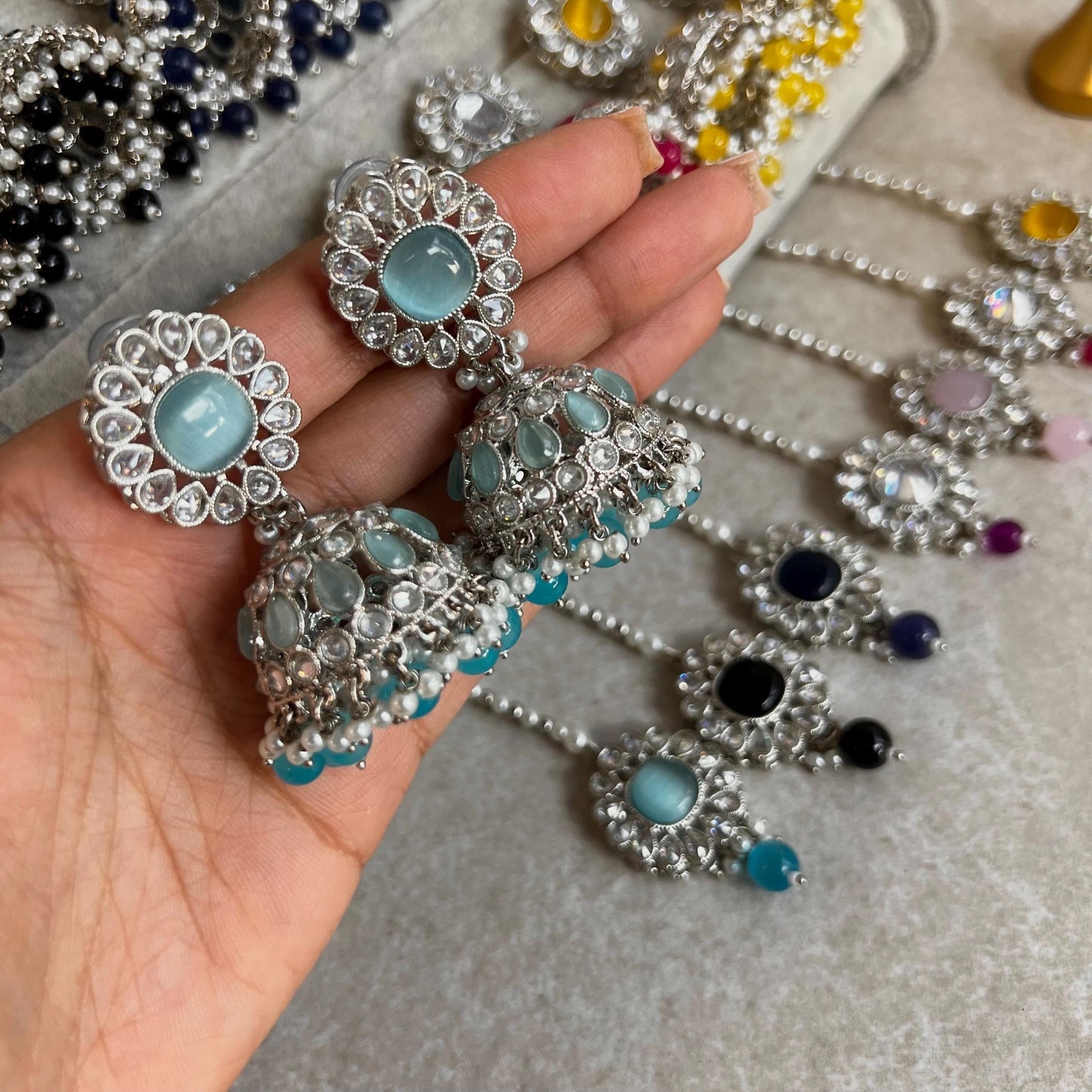 Small Silver Jhumka Earring Tikka 2 inch Zircon Crystal Indian Pakistani Bollywood Fashion Jewellery Gift High Quality Eid Wedding Party Set