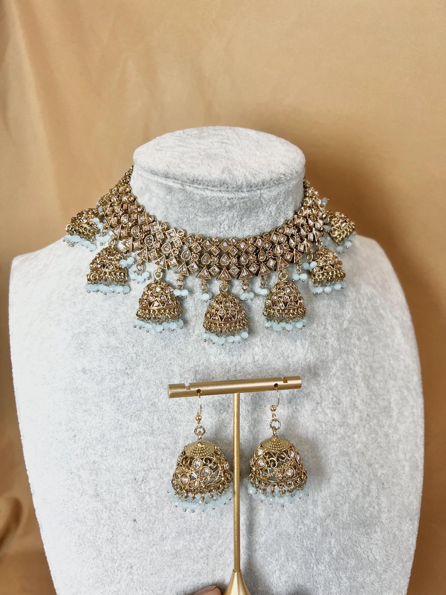 Antique Gold & Light Blue Indian Jhumka Style Set