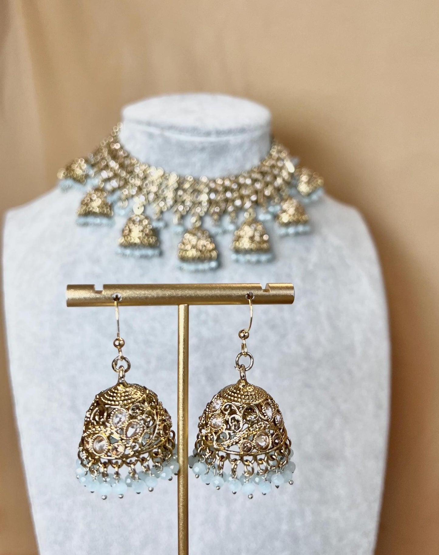 Antique Gold & Light Blue Indian Jhumka Style Set