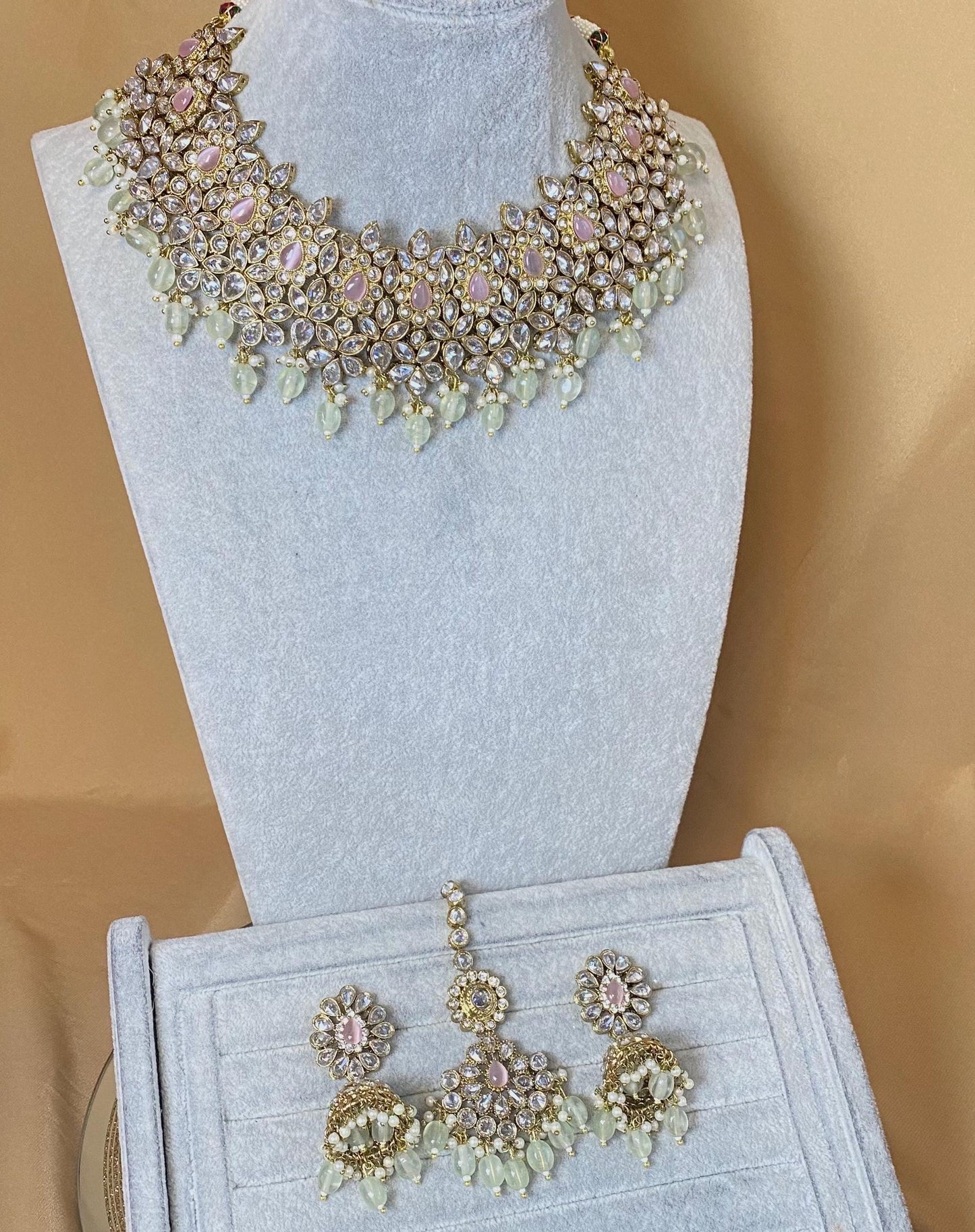 Pink & Mint Indian Bridal Set Clear Stonework/ Pink Bridal Jewels/Mint Bridal Set/Clear Bridal Set