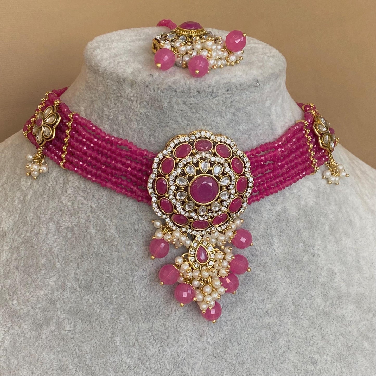 Hot Pink Choker Set Matching Bangle Set Both Arms/Pink Choker Set/Hot Pink Bangle Set Indian/ Pakistani/Fashion Jewellery