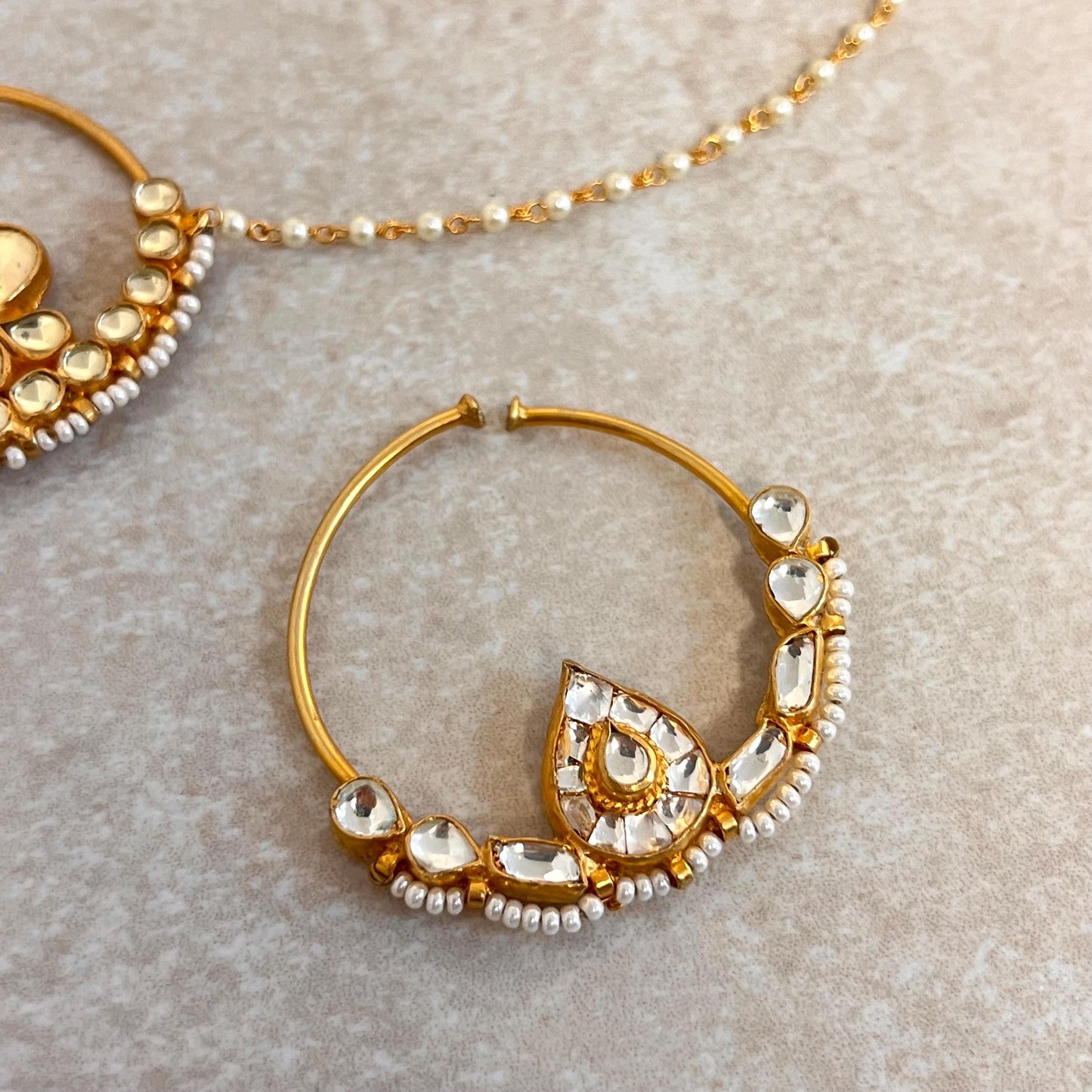 Kundan 1 inch Bright Gold Non-Piercing Nose Ring Pearly Chain Included Fashion Jewellery Gift Indian Nath Nose Jewellery Slide Type Bride