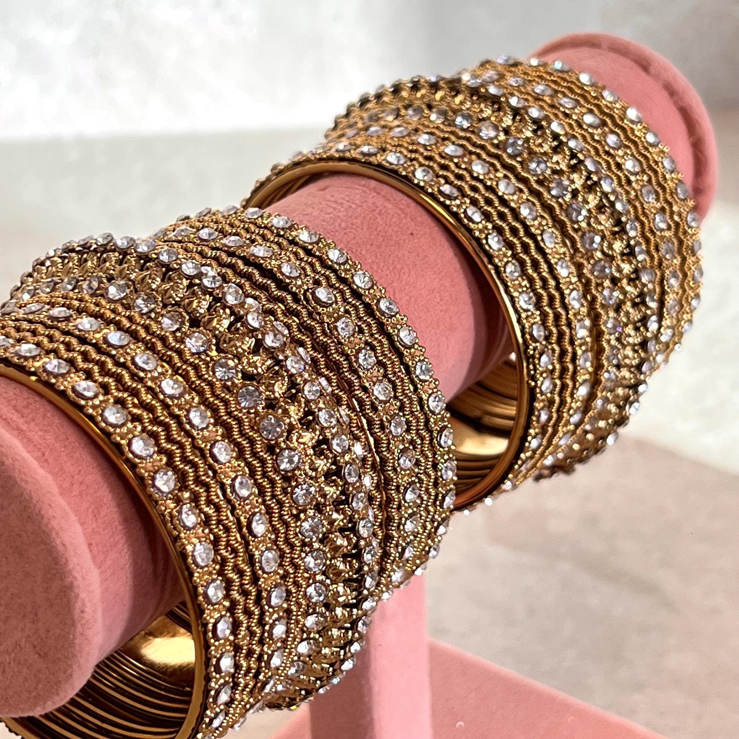 Antique Gold Clear Crystal Sparkly Chunky Bangle Set Indian Pakistani Punjabi Party Fashion Churi Wedding High Quality Gift Both Arm SALE