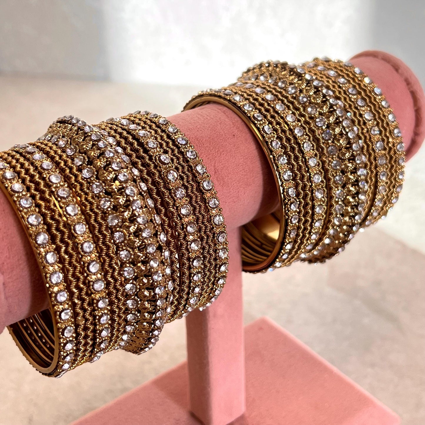Antique Gold Clear Crystal Sparkly Chunky Bangle Set Indian Pakistani Punjabi Party Fashion Churi Wedding High Quality Gift Both Arm SALE