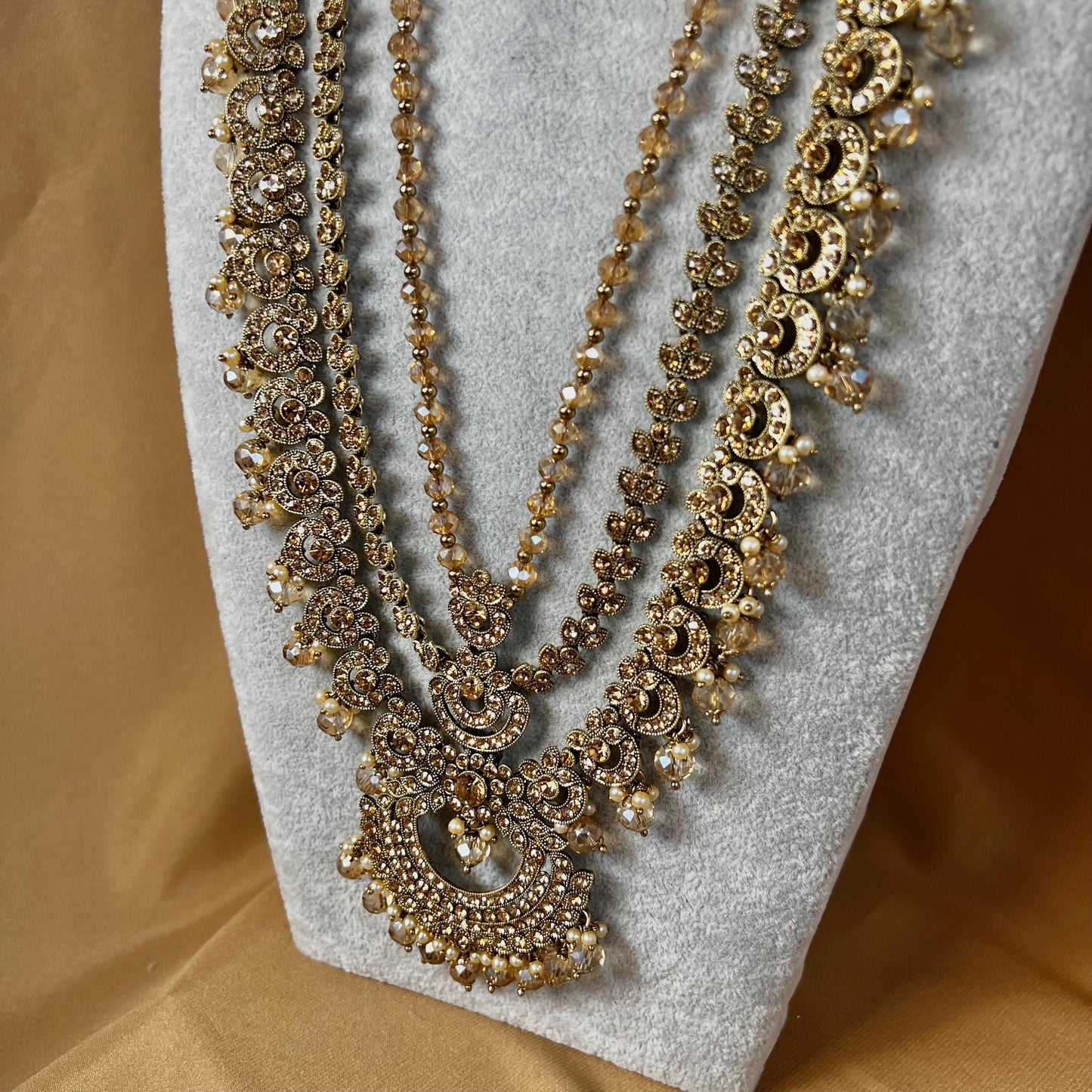 Antique Gold and Champagne Bridal Necklace Indian/ Pakistani Style With Long necklace/ Mala Haar Wedding Guest.