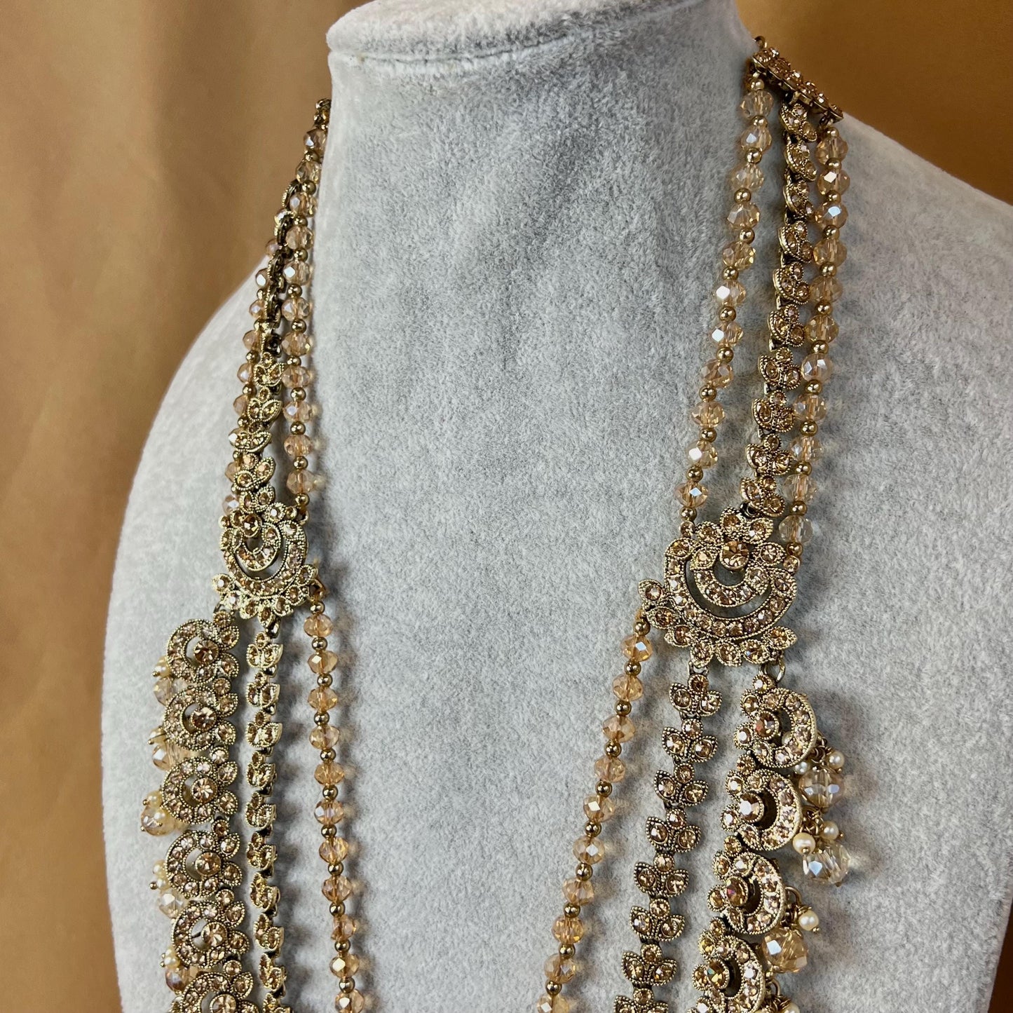 Antique Gold and Champagne Bridal Necklace Indian/ Pakistani Style With Long necklace/ Mala Haar Wedding Guest.