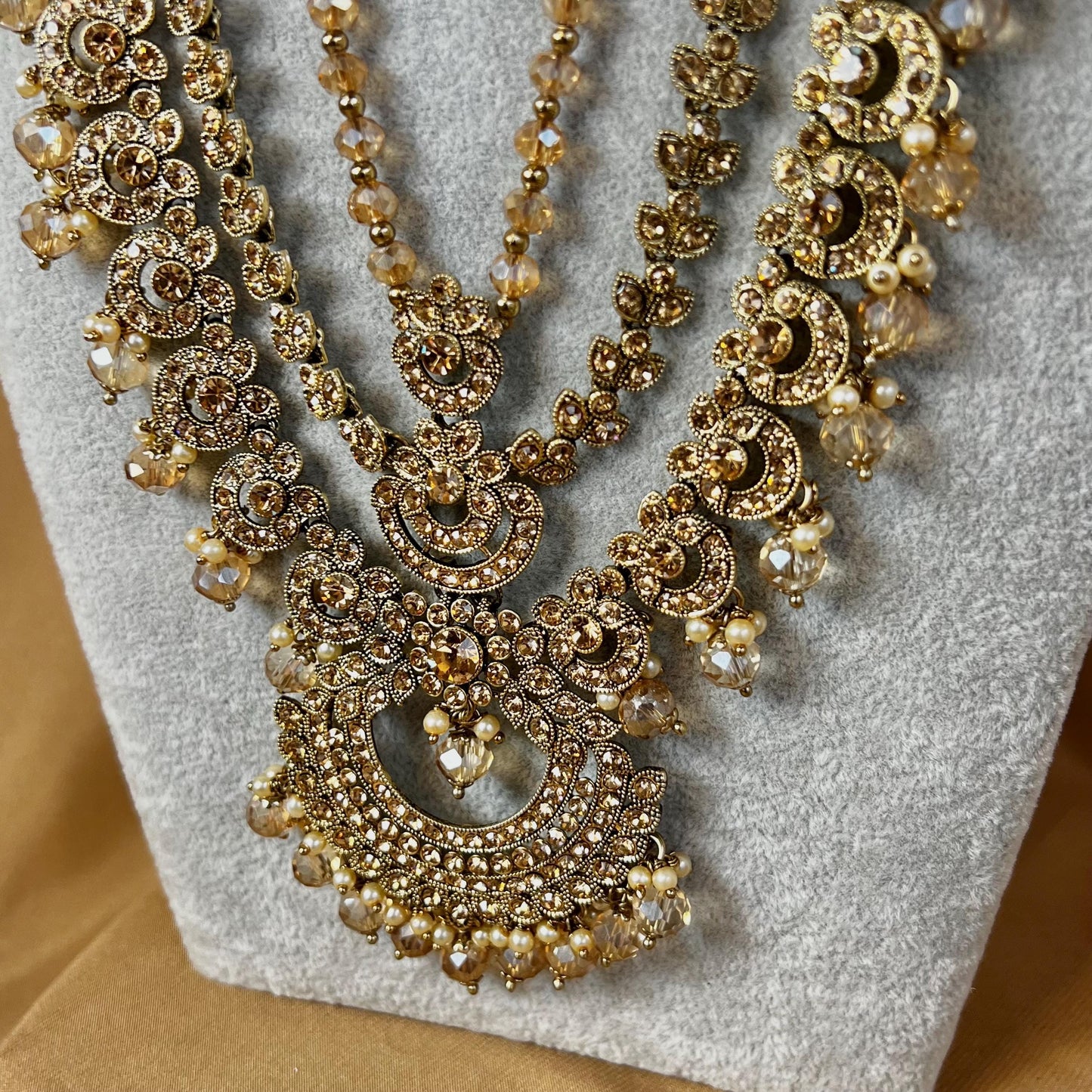 Antique Gold and Champagne Bridal Necklace Indian/ Pakistani Style With Long necklace/ Mala Haar Wedding Guest.