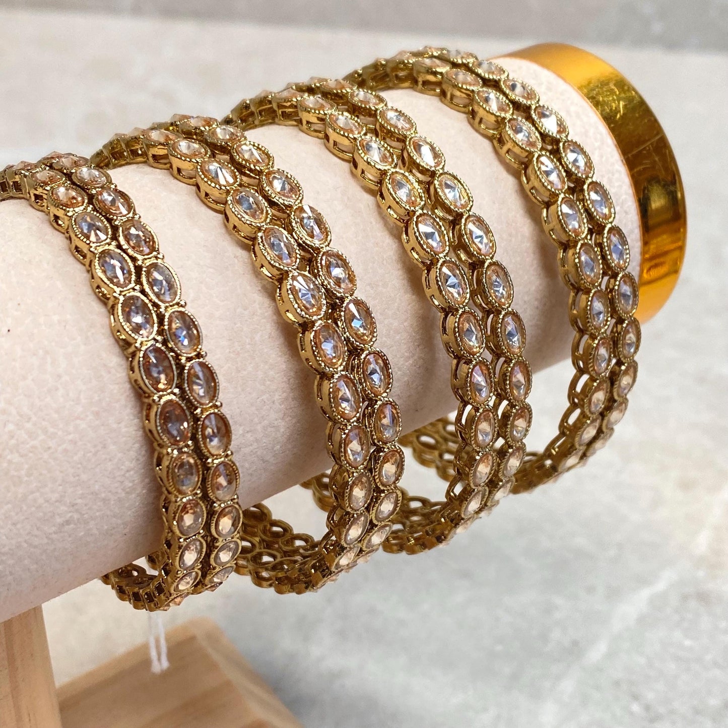 Antique Gold Champagne Zircon Crystal High Quality Set of 2 Thin Bangle Bracelets Indian Pakistani Bollywood Fashion Jewellery Gift for Her