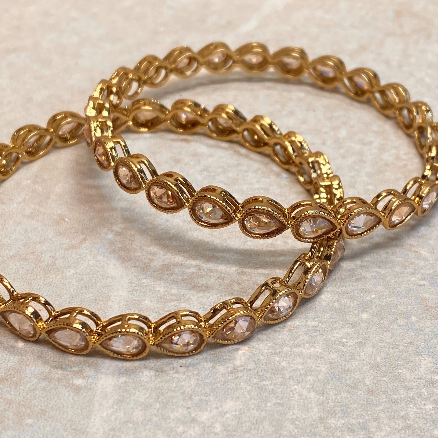 Antique Gold Champagne Zircon Crystal High Quality Set of 2 Tear Drop Bangle Bracelets Indian Pakistani Bollywood Fashion Jewellery Gift