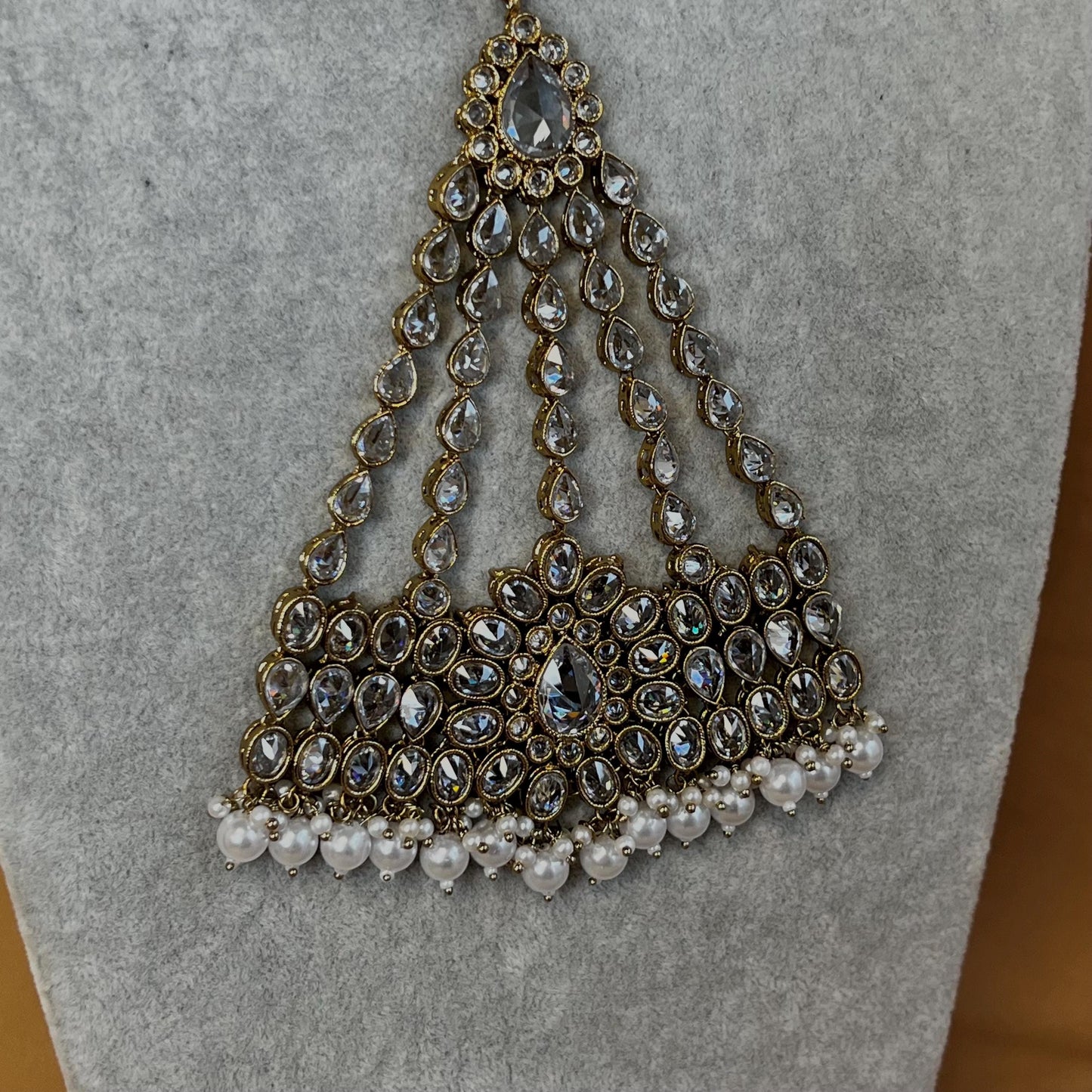 Antique Gold Jhumar -Irredescent/ Clear stones