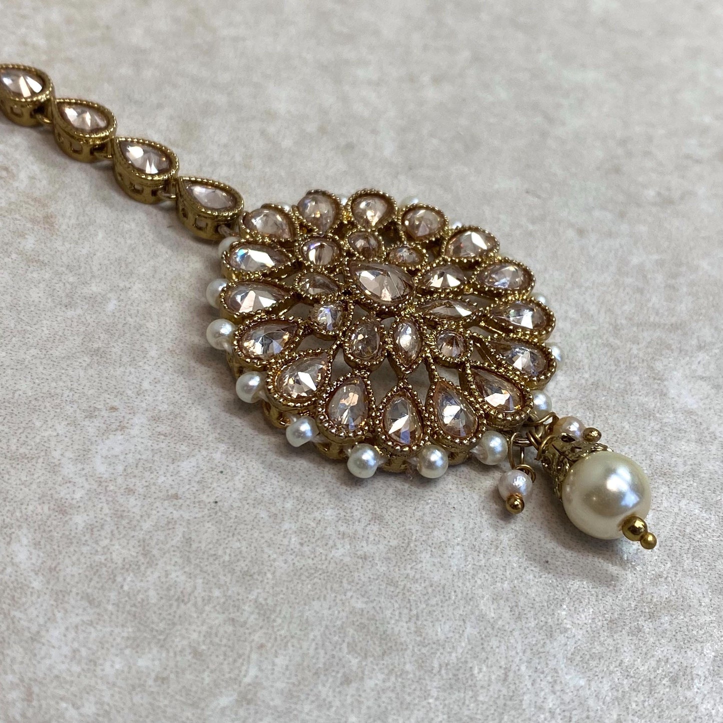 Antique Gold Champagne Zircon Crystal Pearl Maang Tikka Bindya Medium Size Indian Pakistani Bollywood Headpiece Fashion Jewellery Gift
