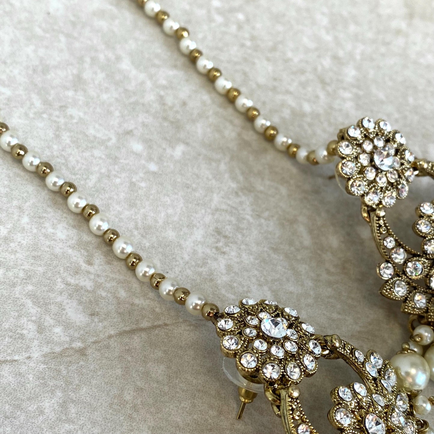 Antique Gold Clear Rhinestone Large Jhumka Earring with Chain and Tikka Bollywood Indian Pakistani Fashion Jewellery Gift Wedding Bridal