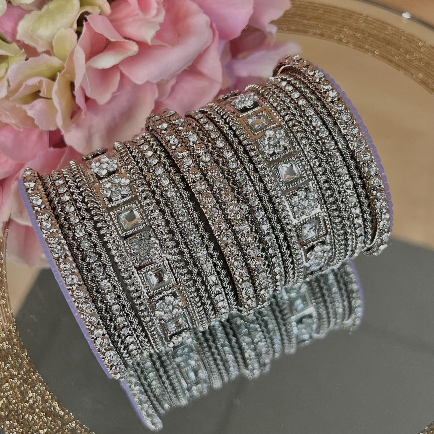 Small Silver Pearly Mirror Bangle Set Both Arms - 2.6 Only/Silver Kada Bangle Set/Indian/ Pakistani/Jewelley/ Fashion Bracelet
