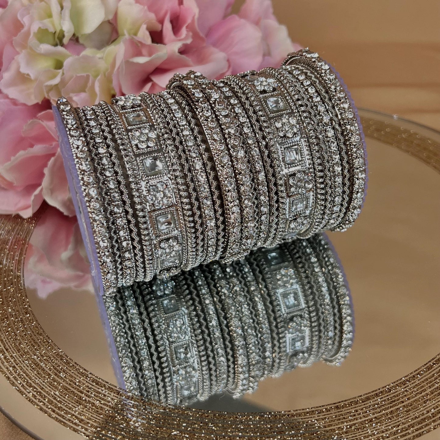 Small Silver Pearly Mirror Bangle Set Both Arms - 2.6 Only/Silver Kada Bangle Set/Indian/ Pakistani/Jewelley/ Fashion Bracelet