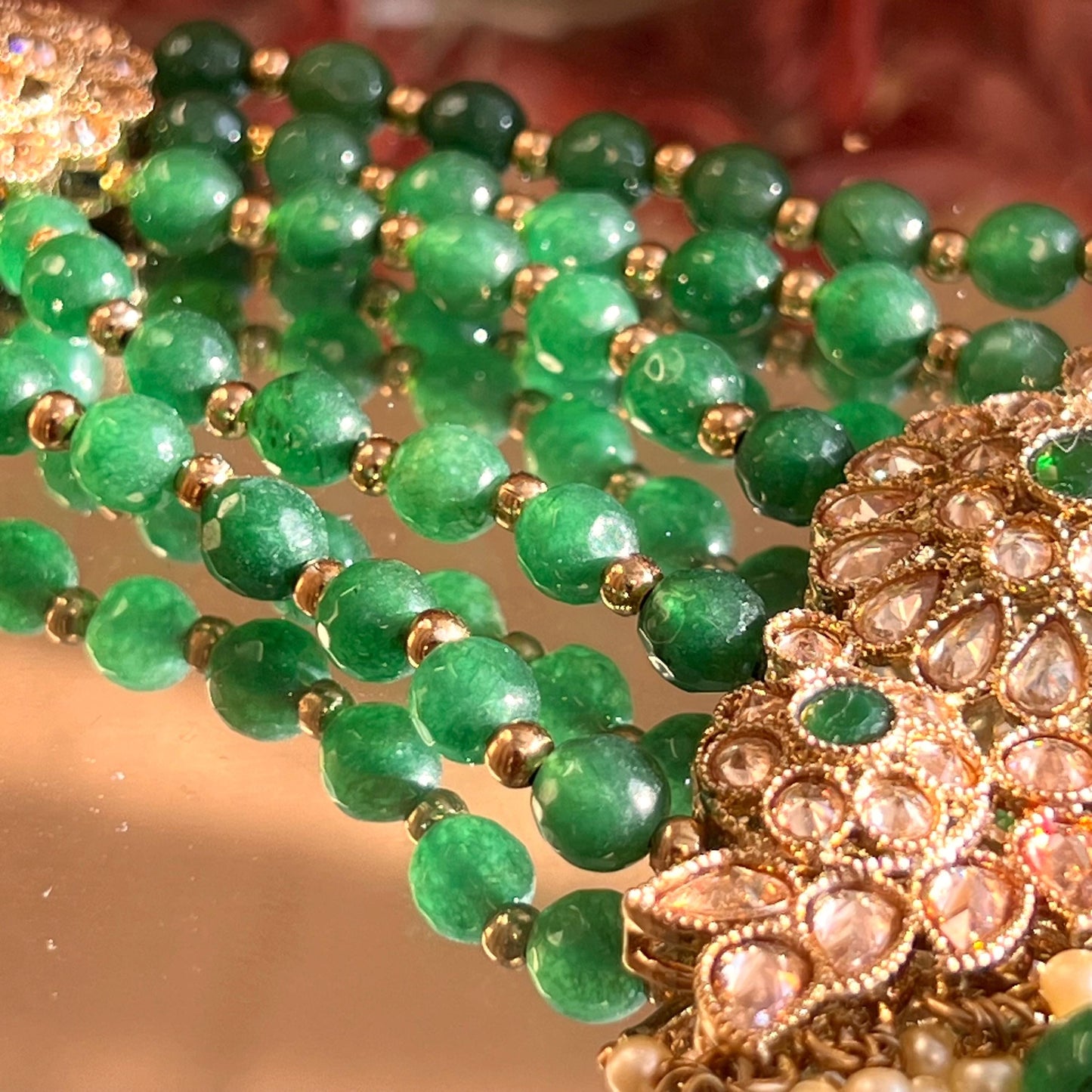 Jhumar/Green/Gold/Emerald Green Bead/Champagne Zircon Crystal/ Jhoomar / Passa/ Indian/ Pakistani Style/Head Piece High Quality