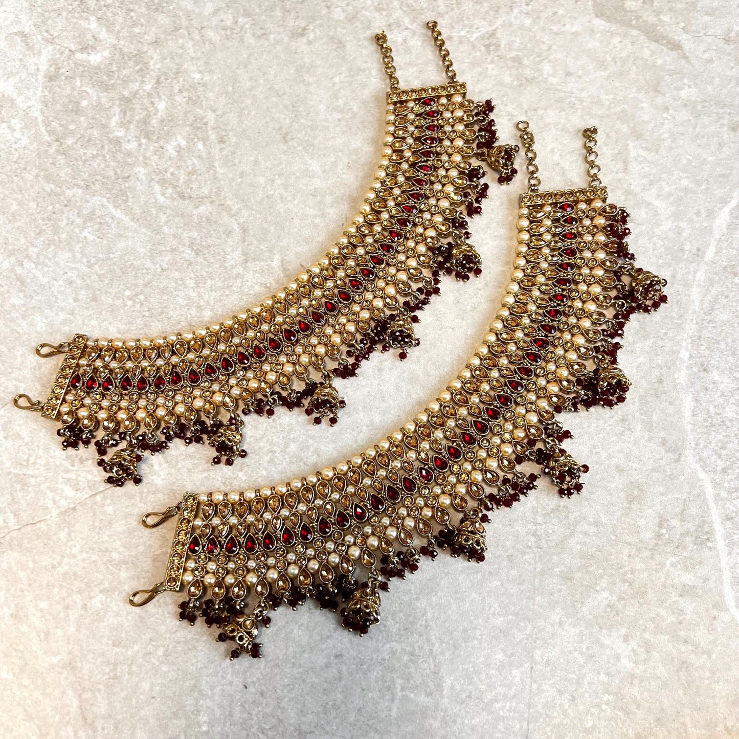 Extra Large Luxury Anklets - Maroon and Golden Rhinestone/ Bell Detail/Indian/ Pakistani Style Jhanjra/ Foot Accessory/ Bridal