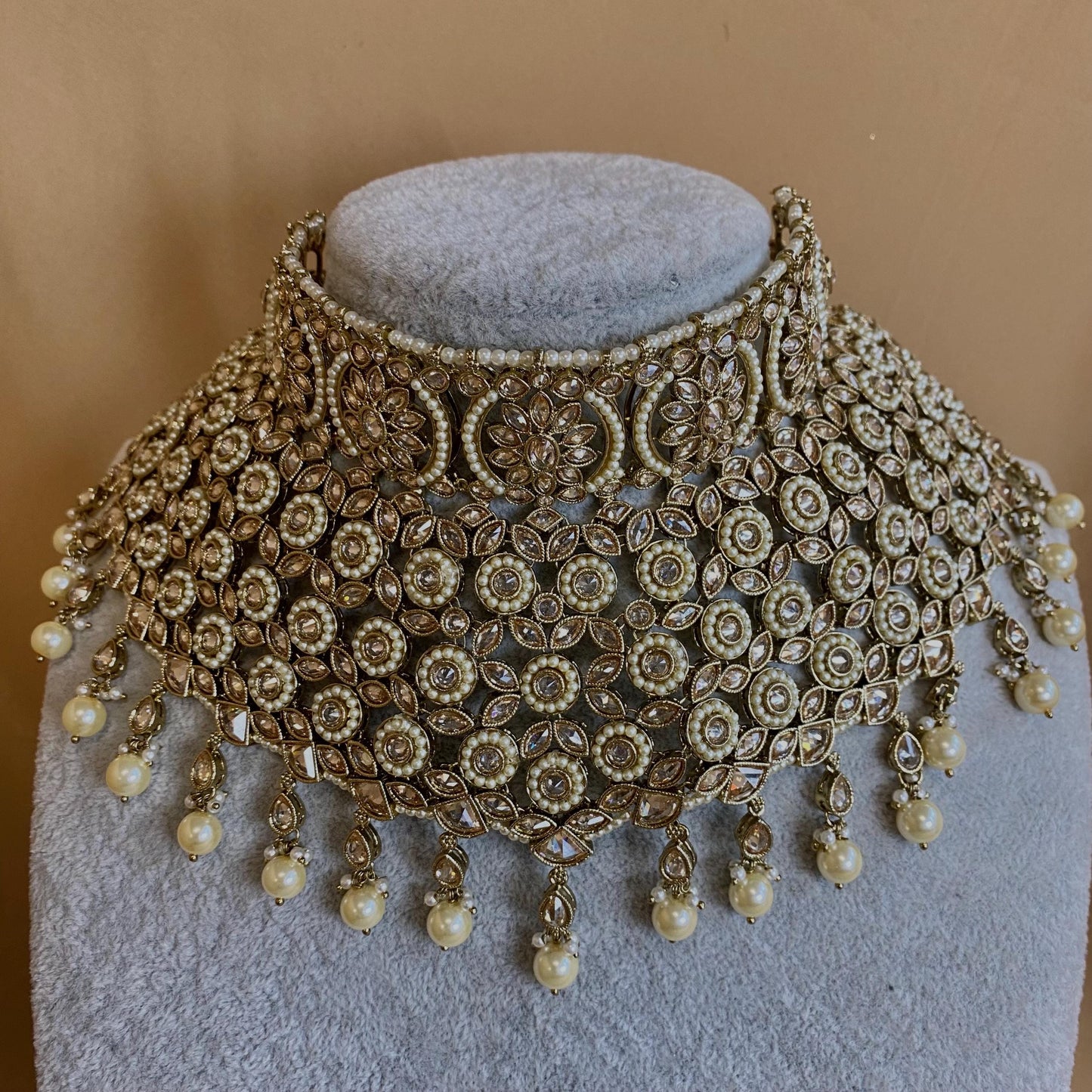 Antique gold & champagne Bridal necklace set Indian/ Pakistani Style/Wedding/Earring/Tikka