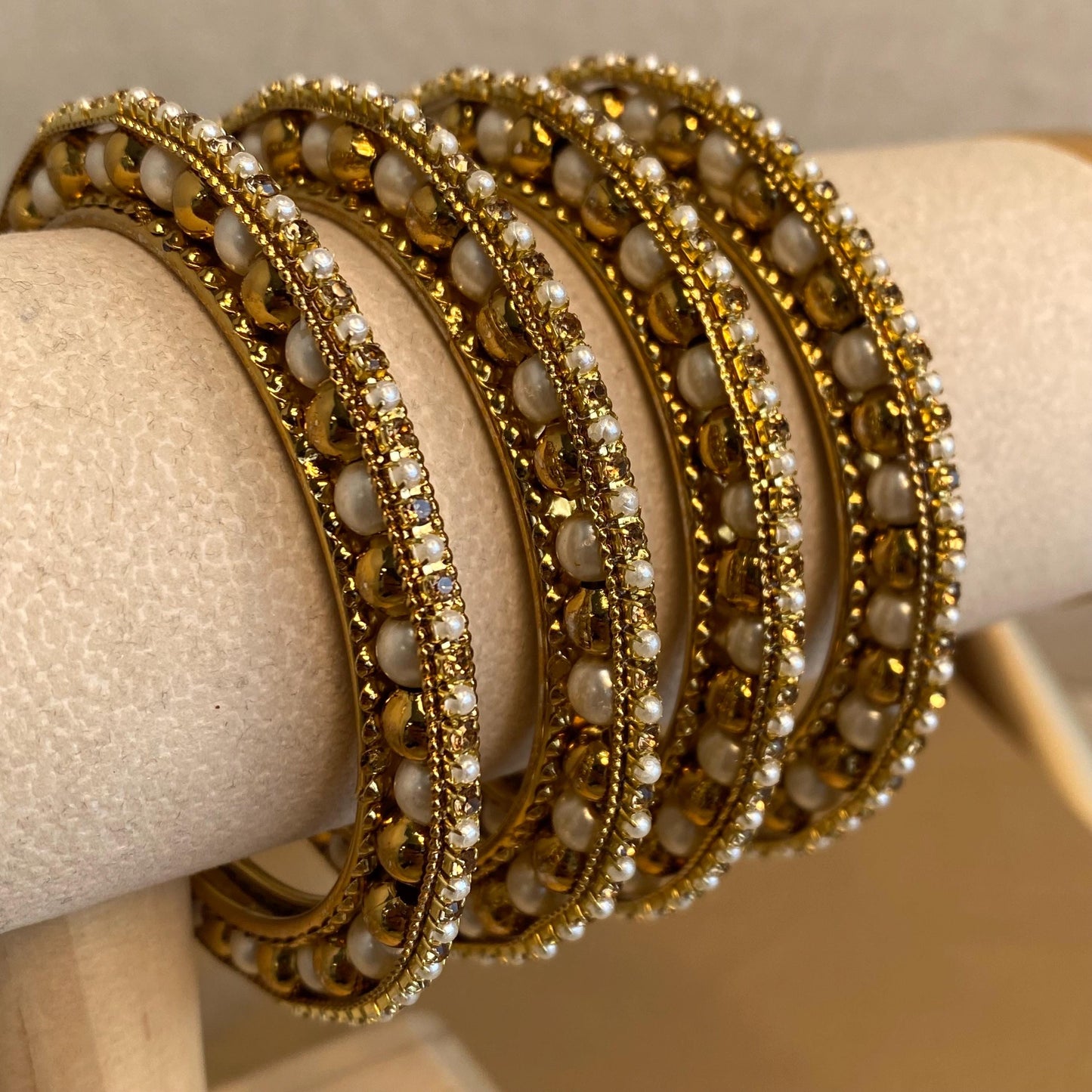 2.4 Set of 4 Bangles in Antique Gold with Golden Rhinestone Pearl High Edge. Statement End Bracelet Indian Style