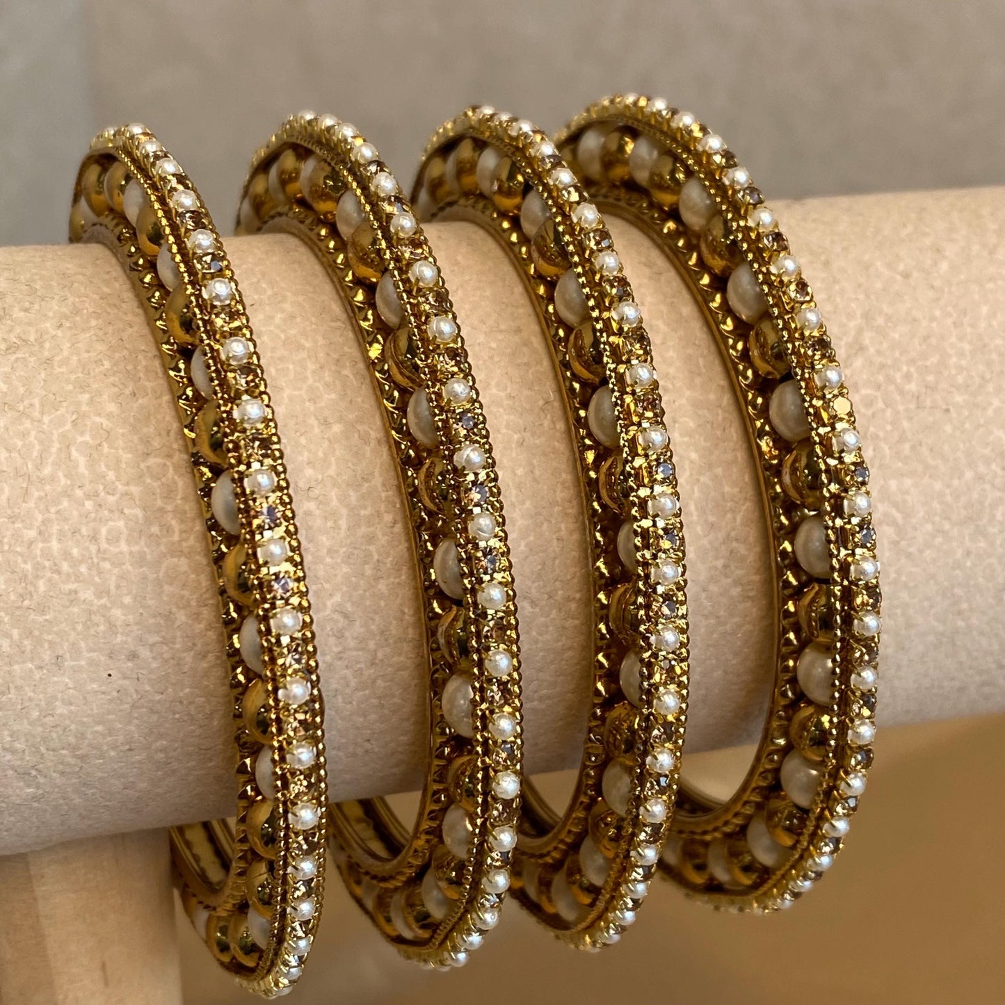 2.4 Set of 4 Bangles in Antique Gold with Golden Rhinestone Pearl High Edge. Statement End Bracelet Indian Style