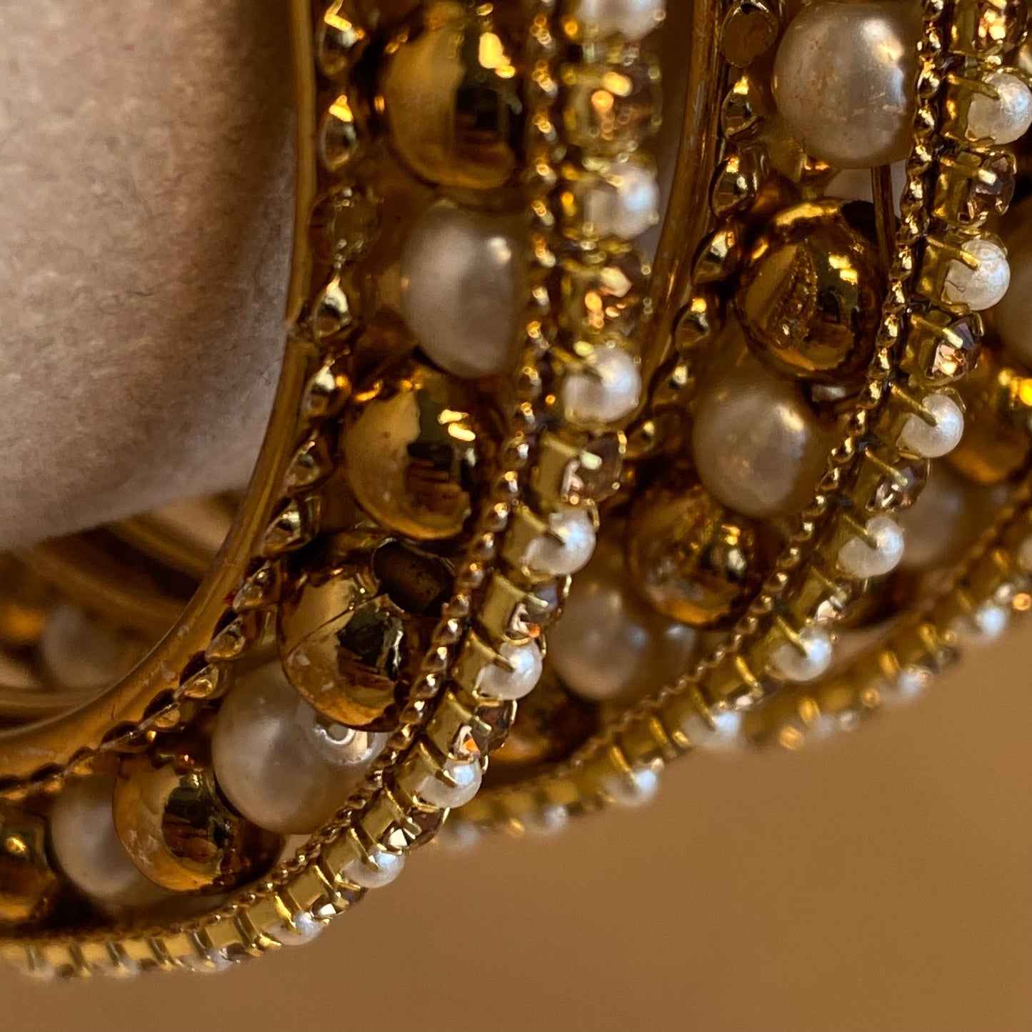 2.4 Set of 4 Bangles in Antique Gold with Golden Rhinestone Pearl High Edge. Statement End Bracelet Indian Style