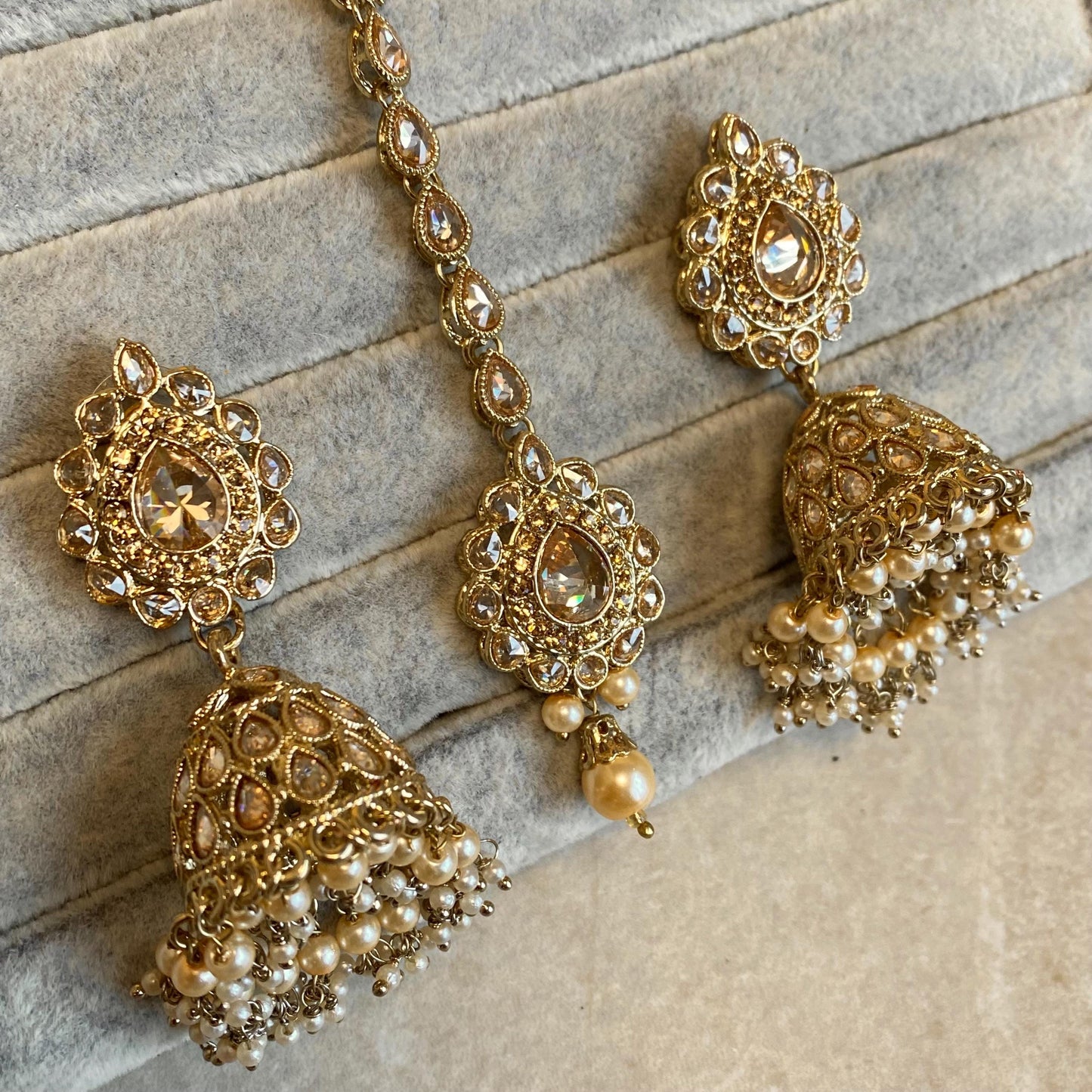 Antique Gold Golden Rhinestone and Zircon Crystal Necklace set Jhumka Earring Small Jhumka Inidan Pakistani Bollywood Wedding Eid Jewellery