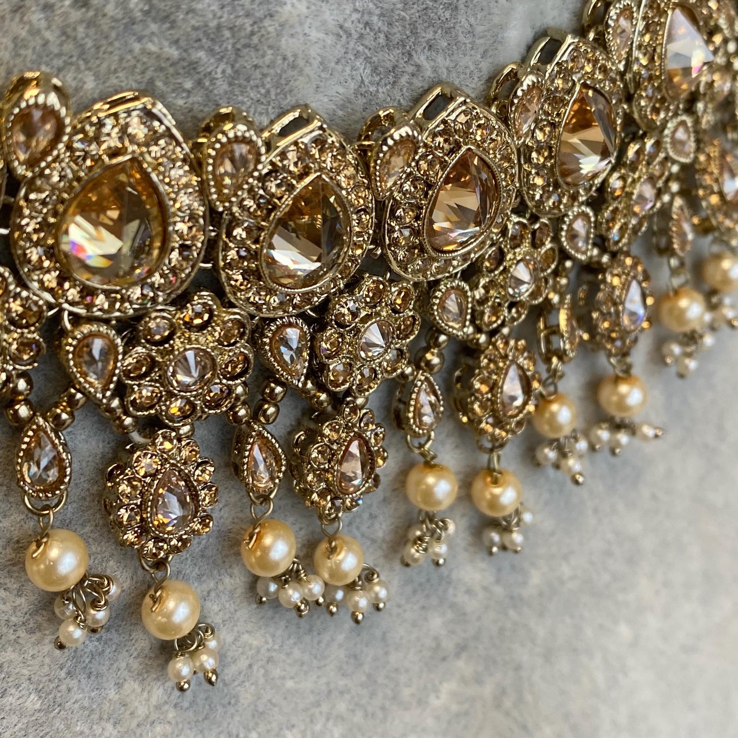 Antique Gold Golden Rhinestone and Zircon Crystal Necklace set Jhumka Earring Small Jhumka Inidan Pakistani Bollywood Wedding Eid Jewellery