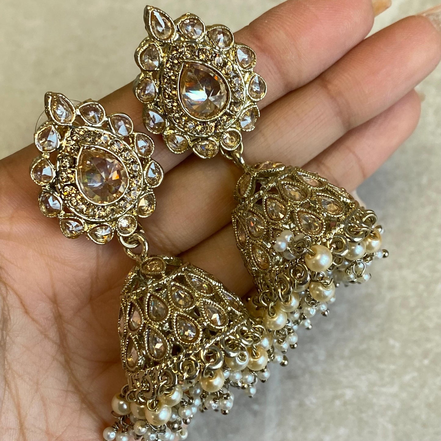 Antique Gold Golden Rhinestone and Zircon Crystal Necklace set Jhumka Earring Small Jhumka Inidan Pakistani Bollywood Wedding Eid Jewellery