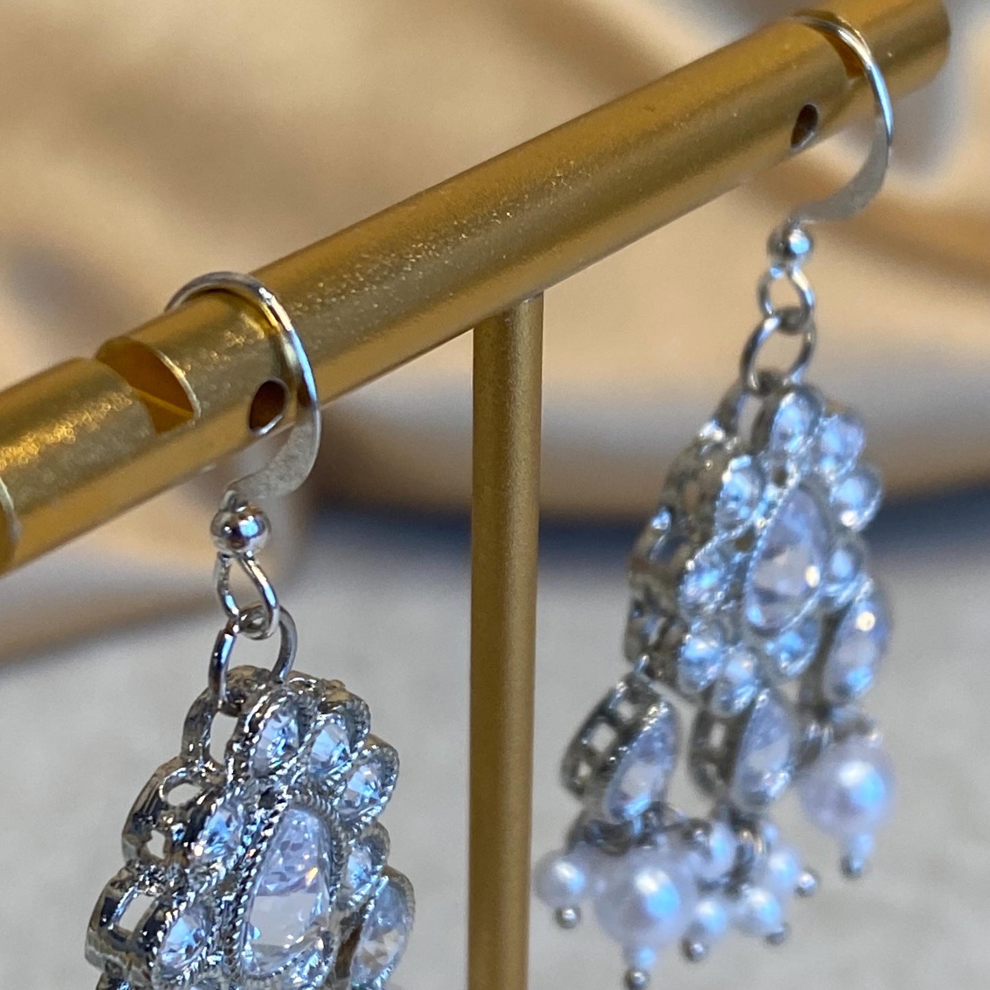 Silver White Pearl Lightweight Earring with Clear Zircon Crystal High Quality Gift Indian Pakistani Handmade