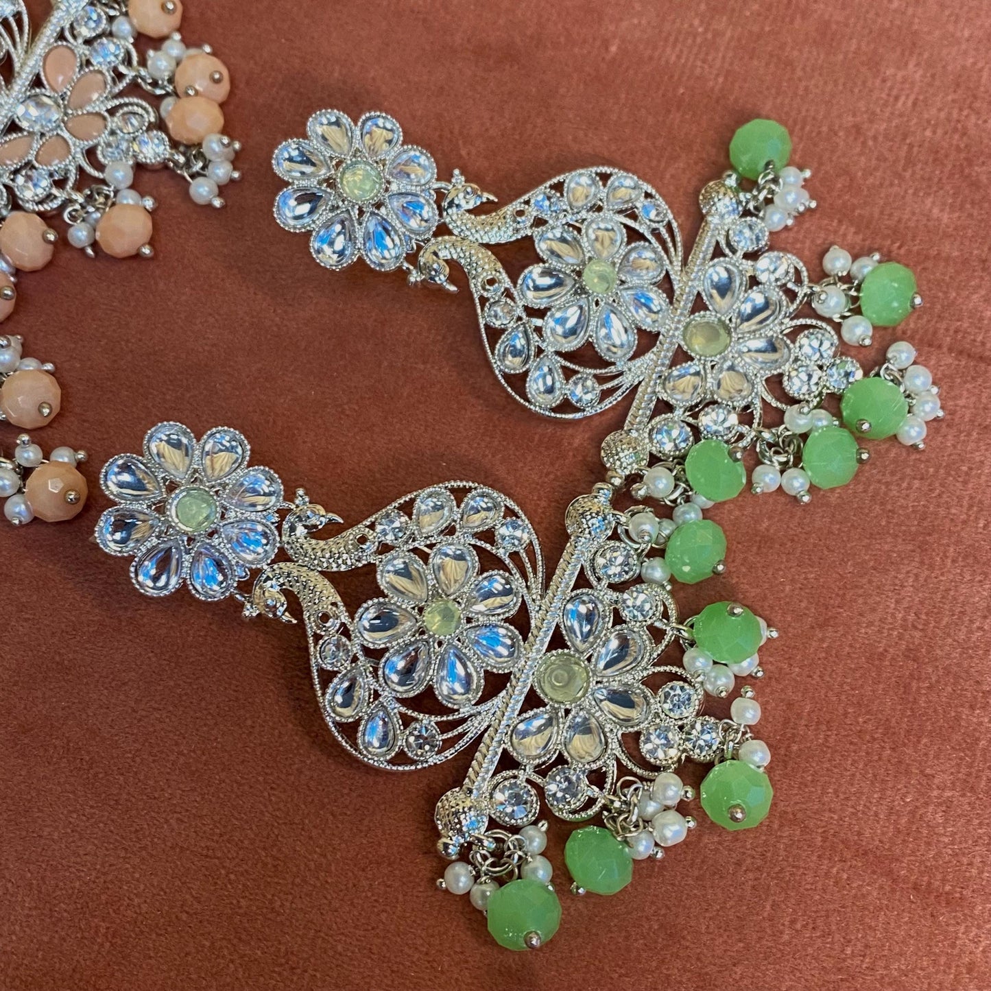 Large Silver Flat Earring 3 inch Rhinestone Indian Pakistani Bollywood Fashion Jewellery Gift High Quality Eid Wedding Party Set