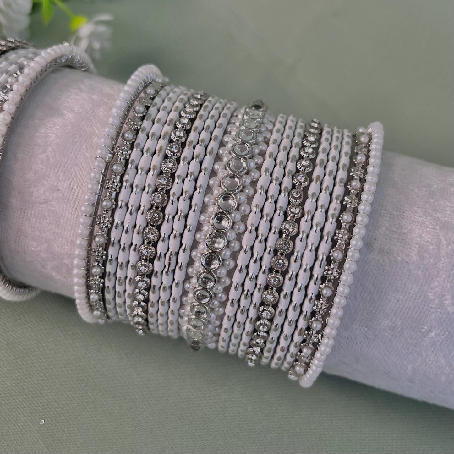 Midi White & Silver Pearly Bangle Set - Both Arms/ Silver Bangle Set/ Pearly Faux Kundan Bangles/ White Bangle Set/Indian Bangles