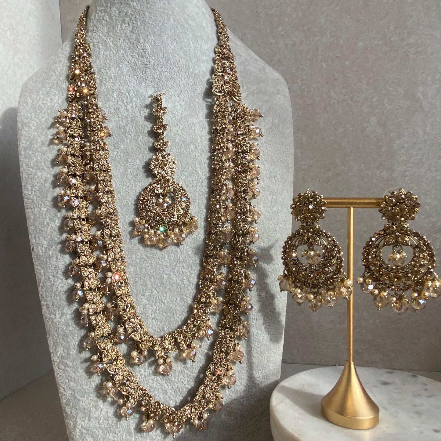 Gold /Antique Gold with Golden Rhinestone Long Necklace set With Flat Earring and Tikka/long necklace/ Haar/ Mala/ Earring/Wedding/Fashion