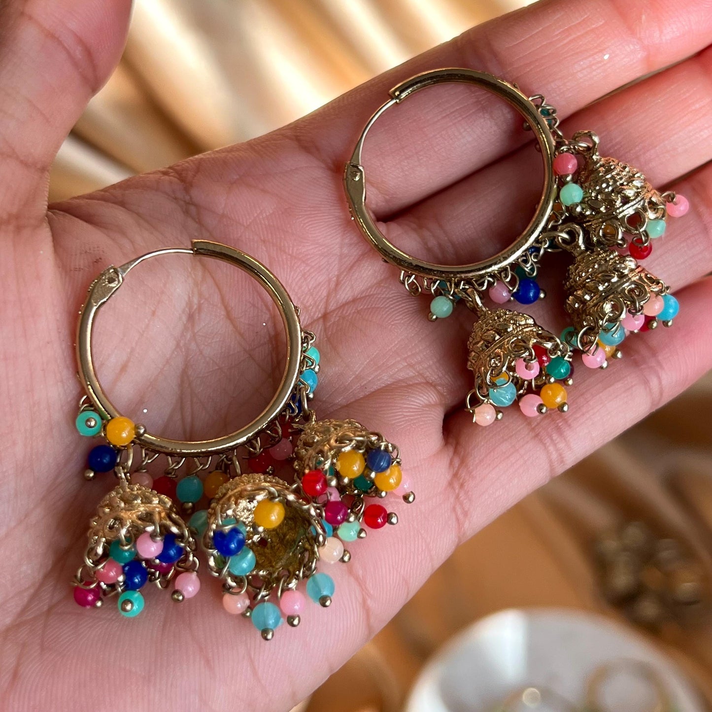 Hoop 3 Jhumka Detail Mix Colours Gold Lightweight High Quality Gift Eid Indian Pakistani Asain Fashion 1.5 Inch Small Wedding Party Mehndi