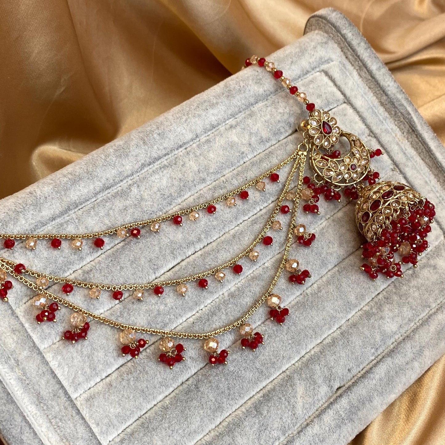 Red Antique Gold Champagne Jhumka Earring only Chain Saharey Detail Bridal Wedding Jewellery Indian Pakistani Bollywood SALE