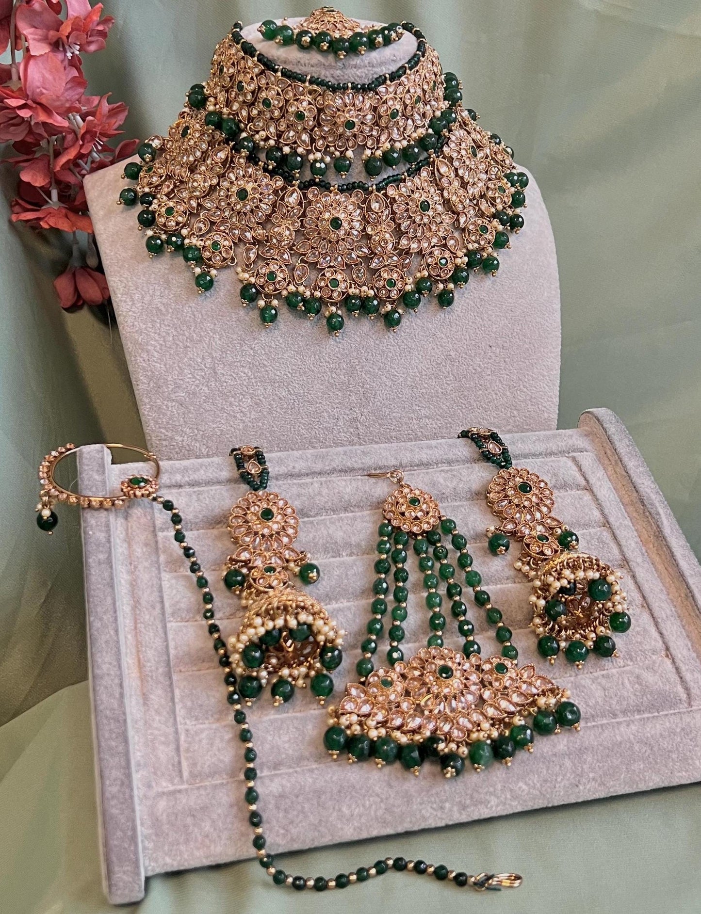 Full Bridal Green & Champagne Double Necklace set/Green Necklace Set/Green Bridal Set/ Pakistani Style/ Wedding/Necklace set