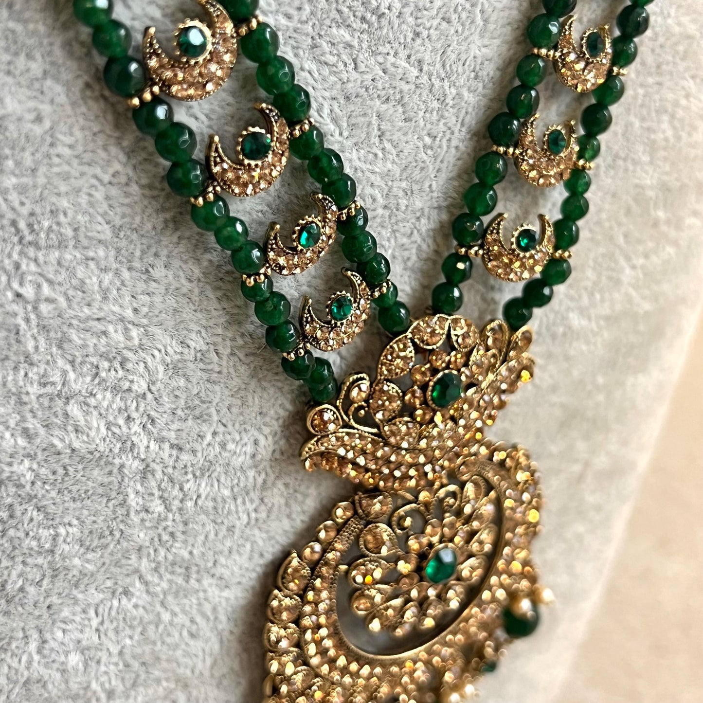 Green Long Necklace Mala Haar Pendant High Quality Golden Rhinestone Adjustable Indian Pakistani Bollywood Wedding Fashion Desi Jewellery