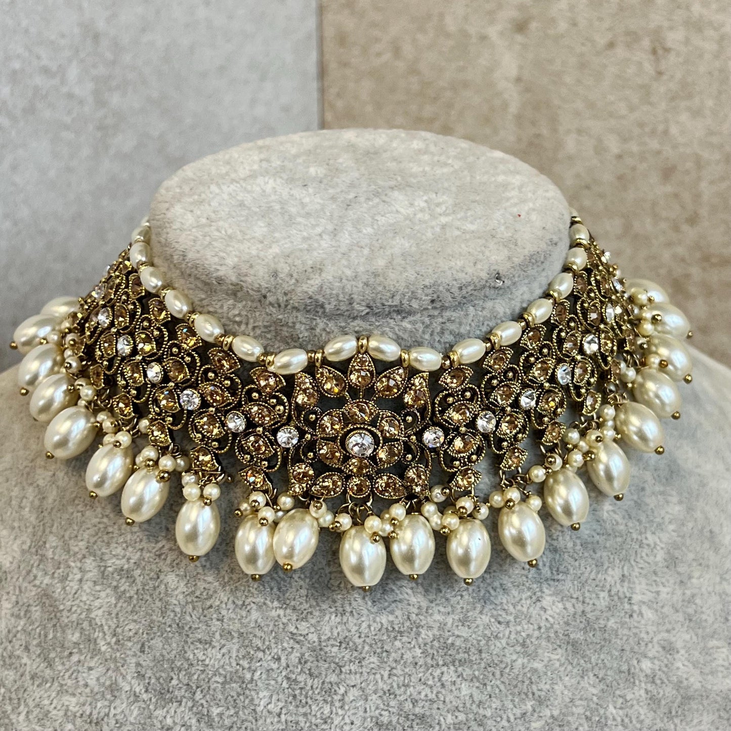 Choker Only- Golden/ Unique Style/ Indian/ Pakistani/Fashion Jewellery/ Gift for Women Golden Clear Rhinestone pearls